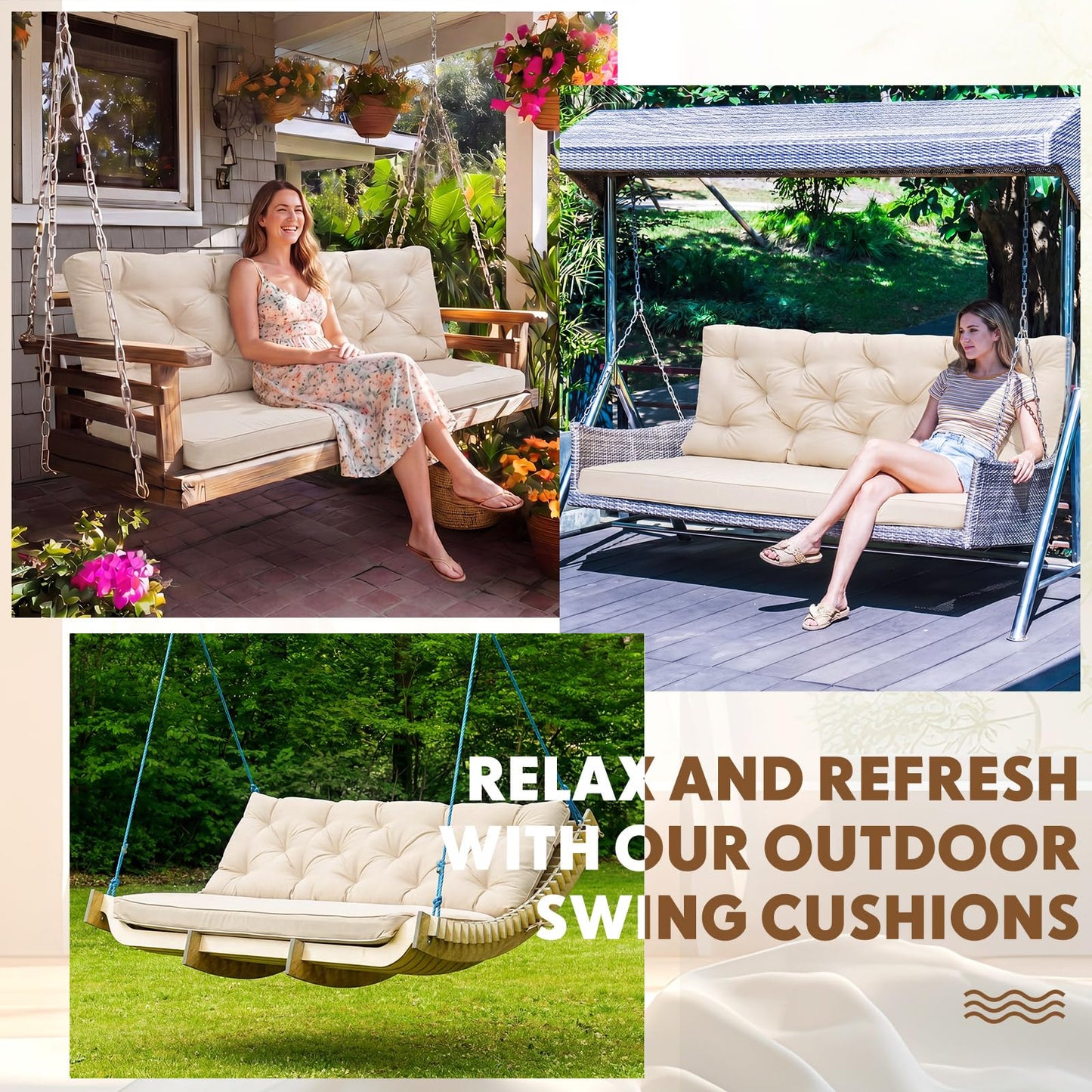 Wenqik 2-3 Seater Porch Swing Cushions with Backrest 60 x 40 x 4 Inch Thick Outdoor Waterproof Bench Pad Patio Swing Replacement Cushion, Split Design, Soft for Garden, Lawn, Backyard (Khaki)