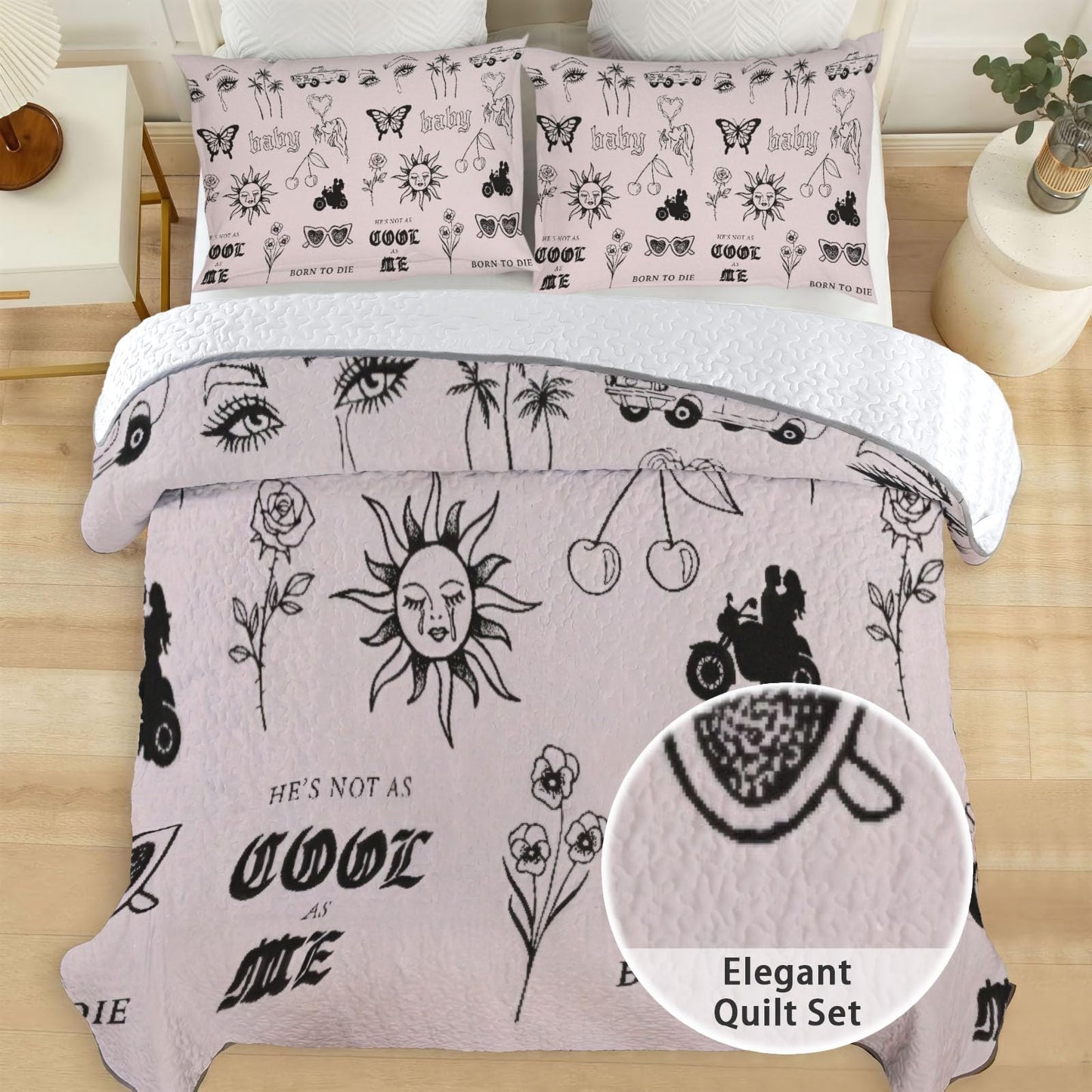 Allenjoy King Size Dream Pop Artist Quilt Bedspreads Melancholic Storyteller Bed Set Bedding Coverlet Fabric Washable with 2 Pillowcases SC00171-007