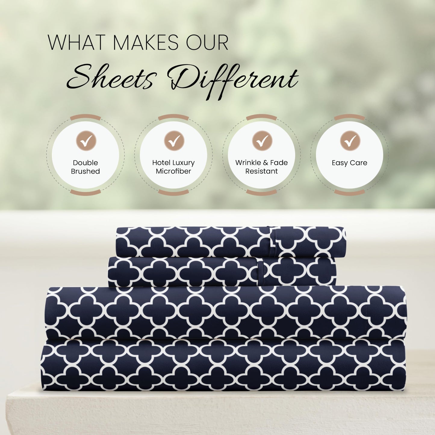 Linen Market Double-Brushed Patterned Microfiber Full Sheet Set 4 Piece – Oeko-TEX Certified Ultra Soft & Wrinkle-Free - 16" Deep Pocket Sheets - Easy Care Full Size - Quatrefoil Navy