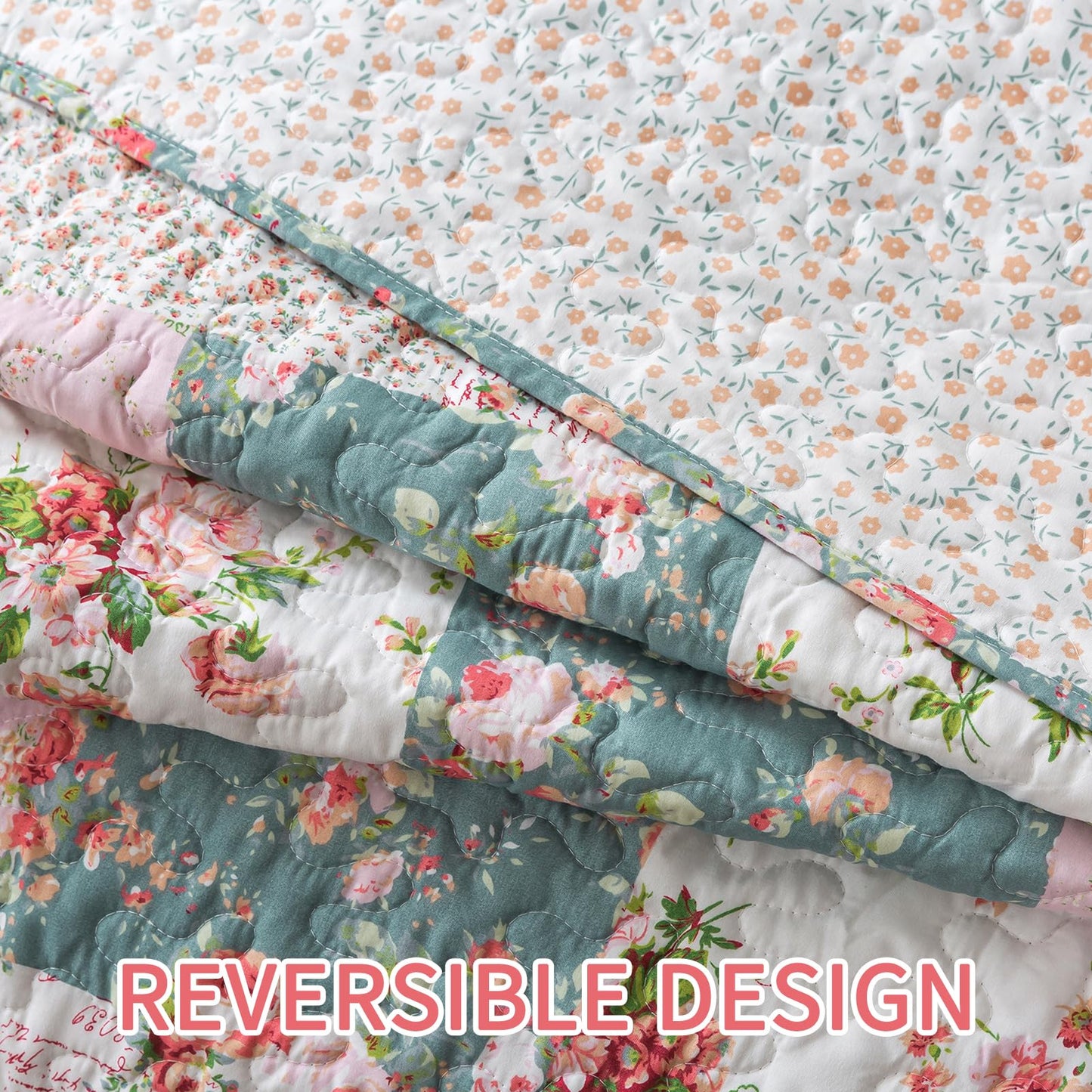 BEDIFANY French Style Queen Size Quilt Set for Farmhouse - 3 Pieces Cotton Filling Garden Lightweight Bedspreads Queen with Floral Pattern - All Season Quilt Bedding Sets for Decorations