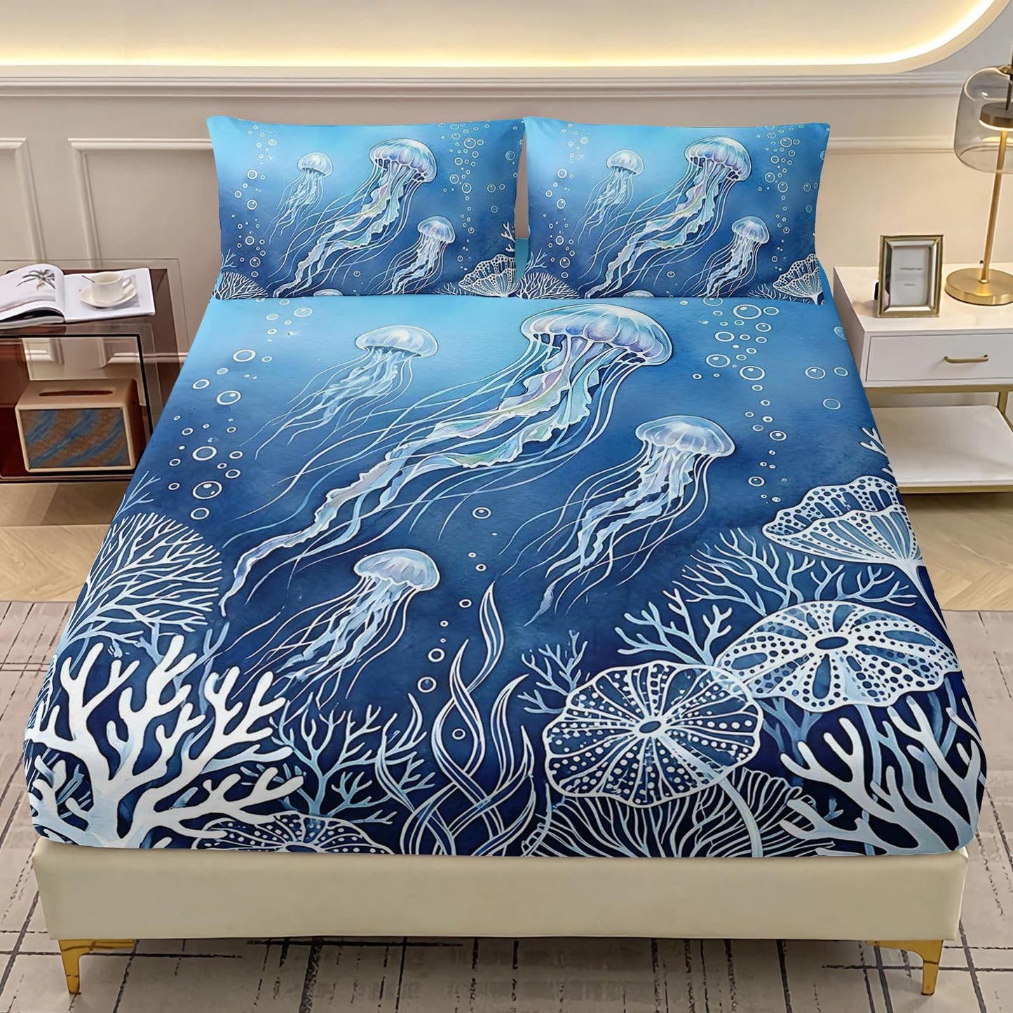 AILONEN Aqua Jellyfish Twin Fitted Sheet Set 3 Piece, White Coral Pattern with 2 Pillowcases, 16 Inch Deep Pocket, Kids Room