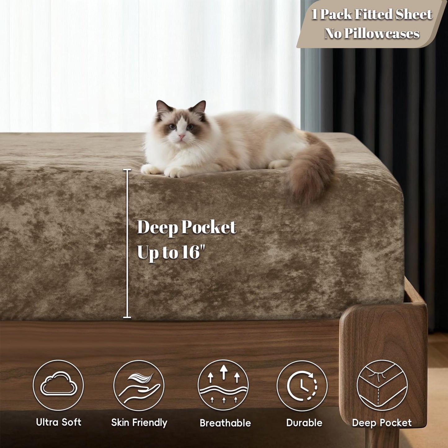 PHF Truly Velvet Fitted Sheet Only Queen Size, Luxury Super Soft Cozy Fuzzy Fleece Bottom Sheet, Deep Pocket Up to 16",Strenghth Elastic Band,Suitable for Fall Winter Spring, No Pillowcases, Khaki