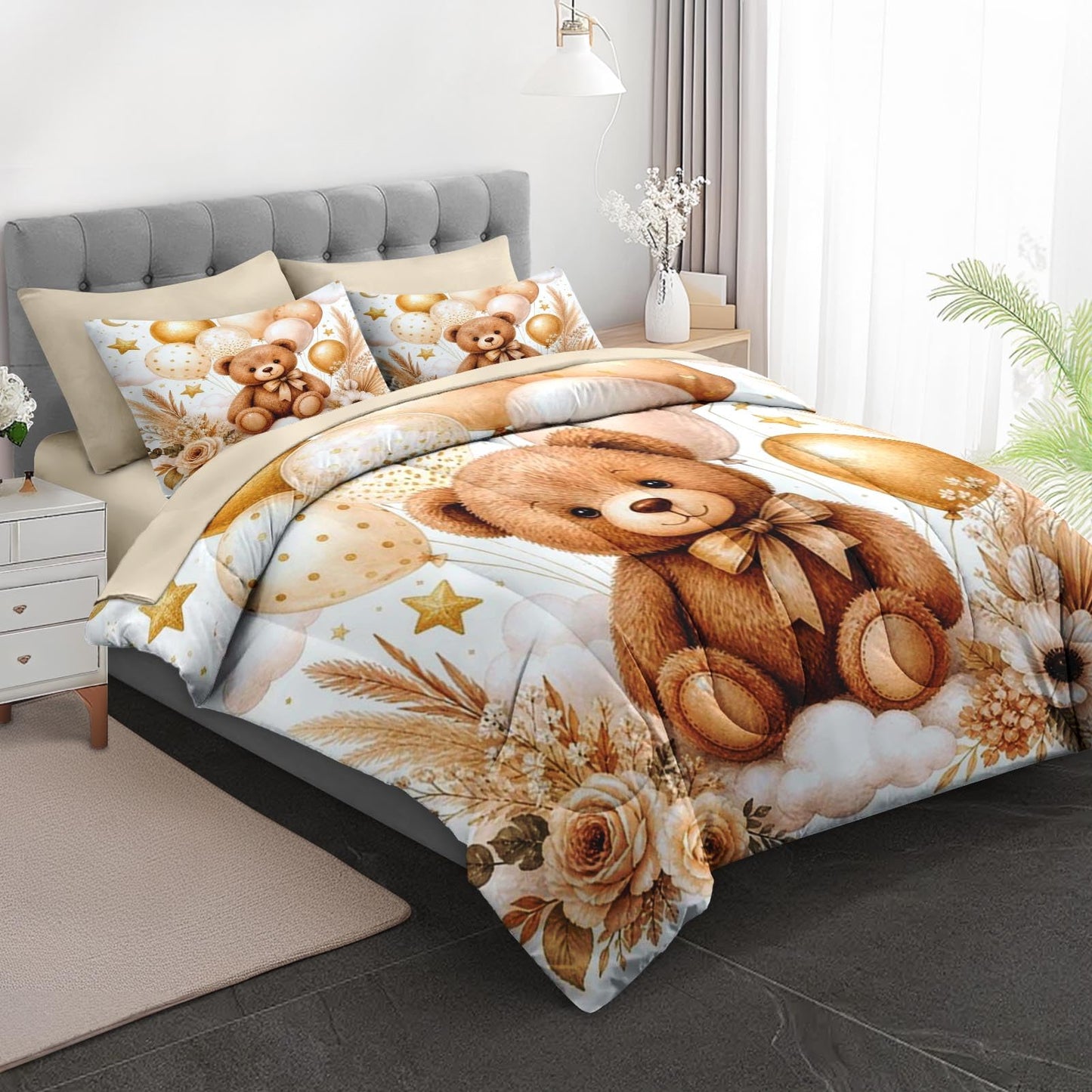 Boewywh Comforter Set Twin Size Boho Bear Birthday 5 Pcs, Bedding for Kids and Adults, Bed Sheet Sets with Fitted Sheet Pillowcase & Sham for Bedroom Bed Decor