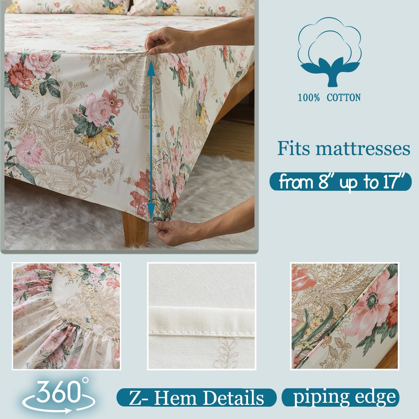 Zusbest- Queen Sheets, Soft 100% Cotton Pink & Cream Floral Bed Sheets,Shabby Vintage Chic Peony Flower Printed Sheets, Breathable Luxury Bedding 4 Piece Deep Pocket Sheets
