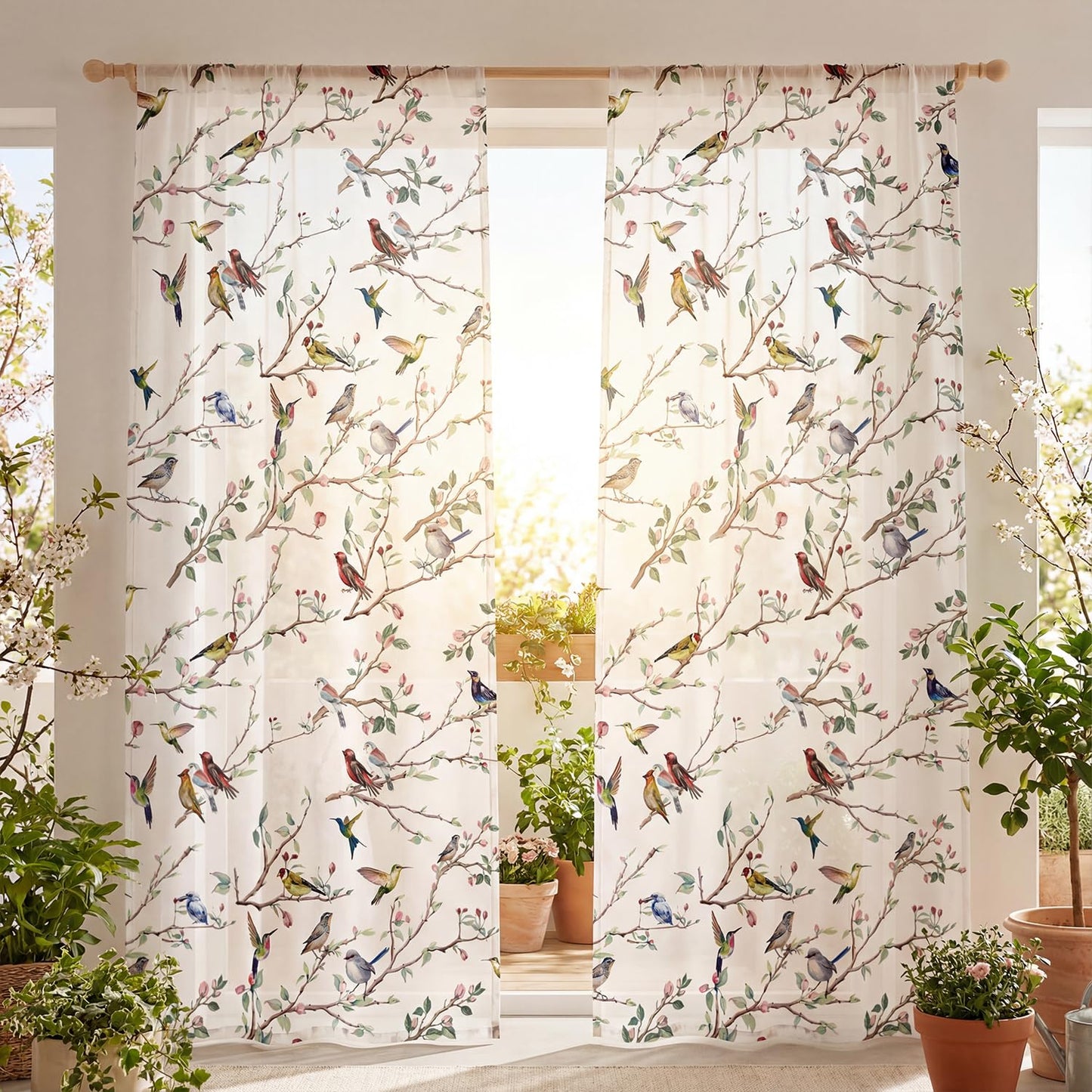 Horaldaily Outdoor Sheer Curtains for Living Room and Bedroom, Birds Branch Floral Window Curtains, Holiday Window Drapes Decor, 52" W x 84" L, Set of 2 Curtain Panels