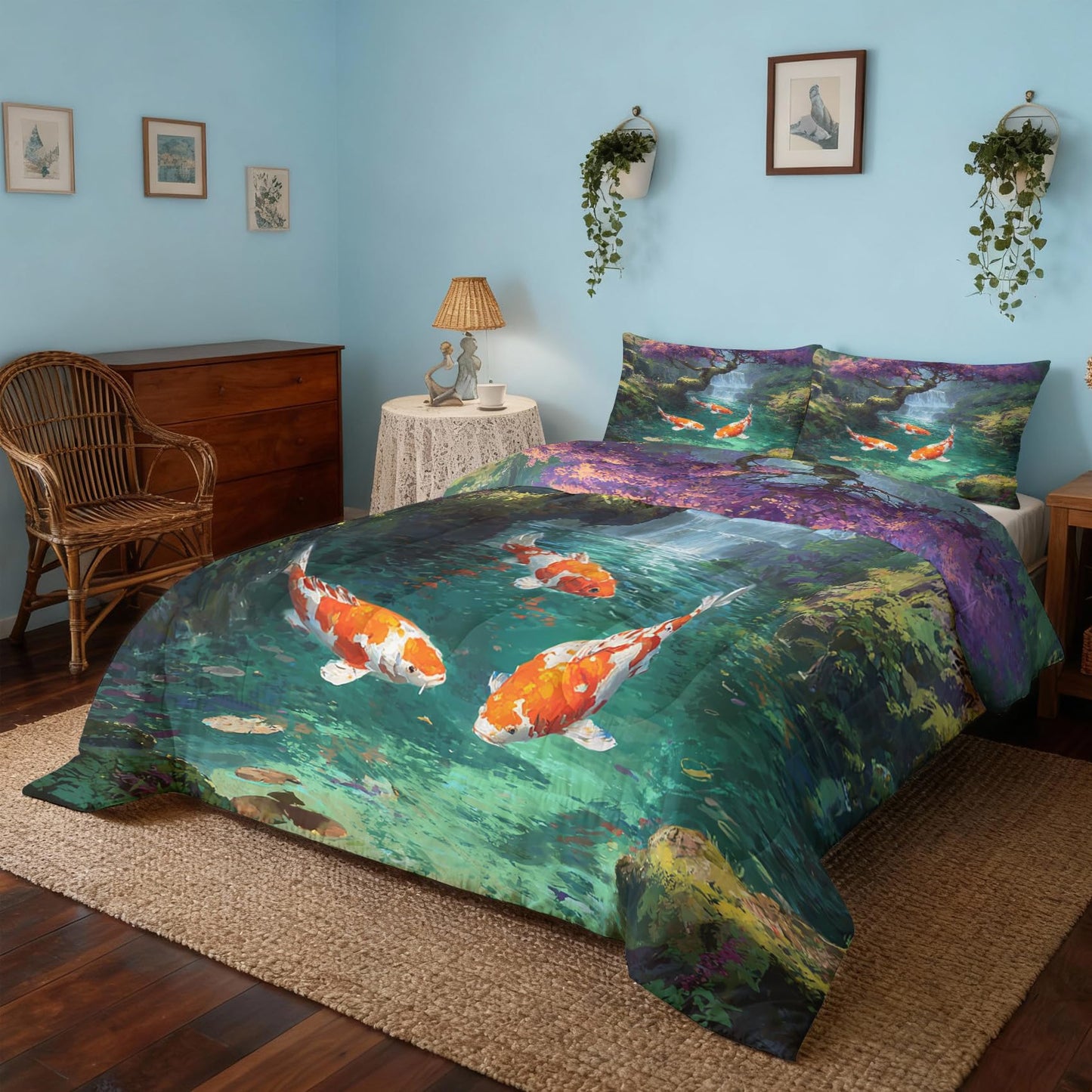 TANCAPRIUM Koi Fish Comforter Set Twin - Japanese Asian Bedding Set & 2 Pilow Cases for All Season - Soft Reversible Down Alternative 3 Piece. Fishing Bedrom Decor