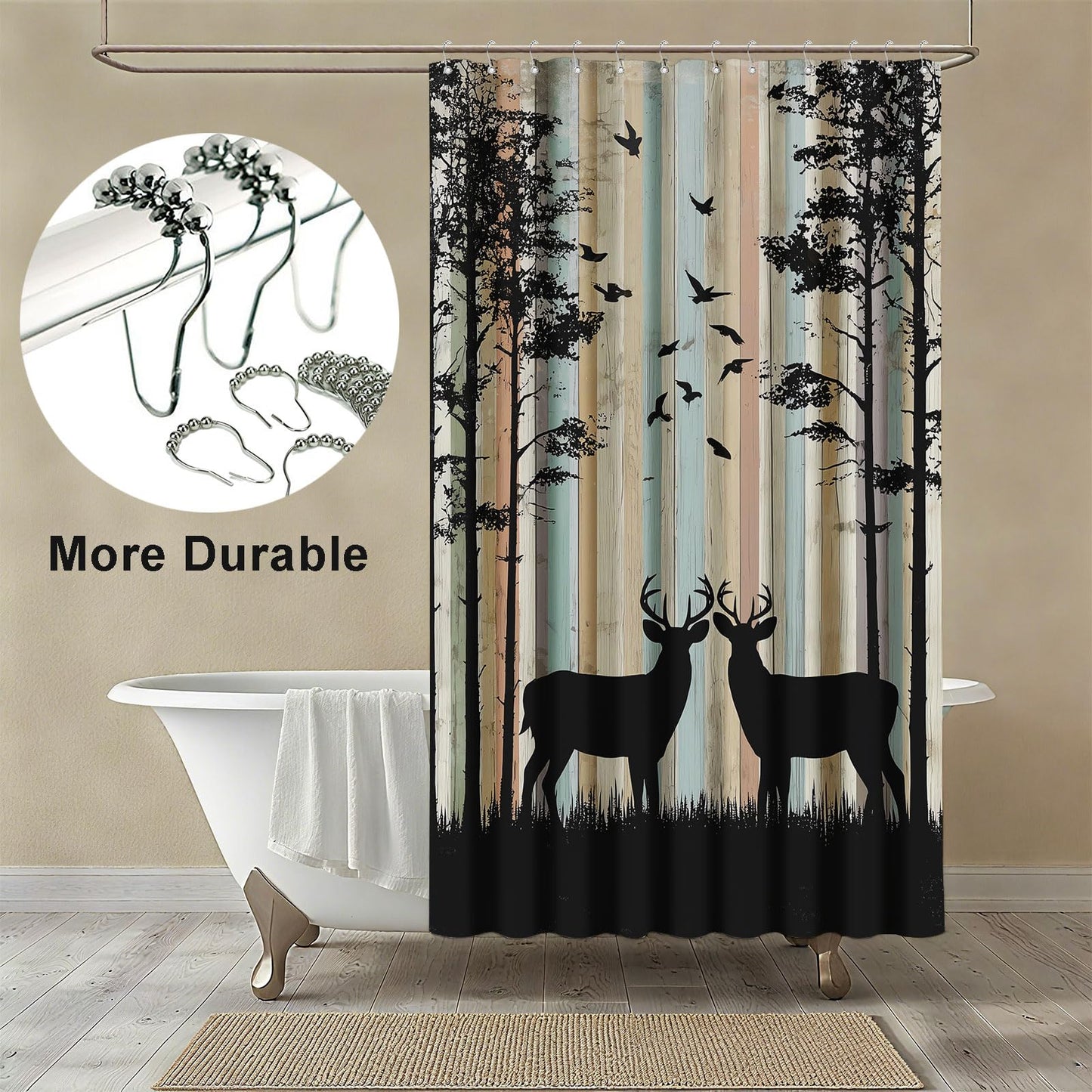 mutakin Rustic Deer Shower Curtain Cabin Farmhouse Lodge Shower Curtains for Bathroom Waterproof Fabric Bath Curtain Decor with Hooks