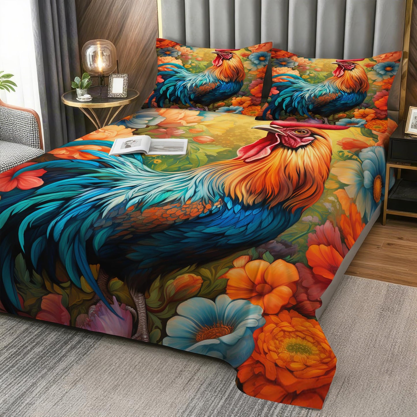 Zoainuos Chicken Sheets King Size Deep Pocket, Rooster Farmhouse Bed Sheet Set, Soft Microfiber Wrinkle Free Bedding Sheets & Pillowcases, Farm Animal Gifts