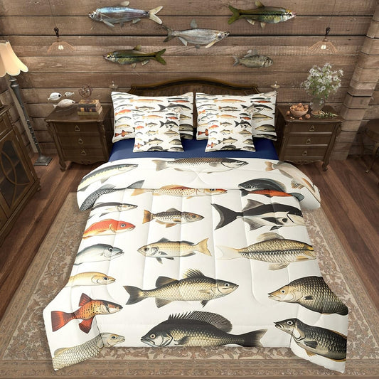 Erosebridal Hunting Fish Bedding Sets, Vintage Pike Fish Soft 7 Piece Full Size Comforter Set for Kids Boys Girls, Hunting and Fishing Print Bed in a Bag Bed Set, Animals Sea Life Bed Sheets Set
