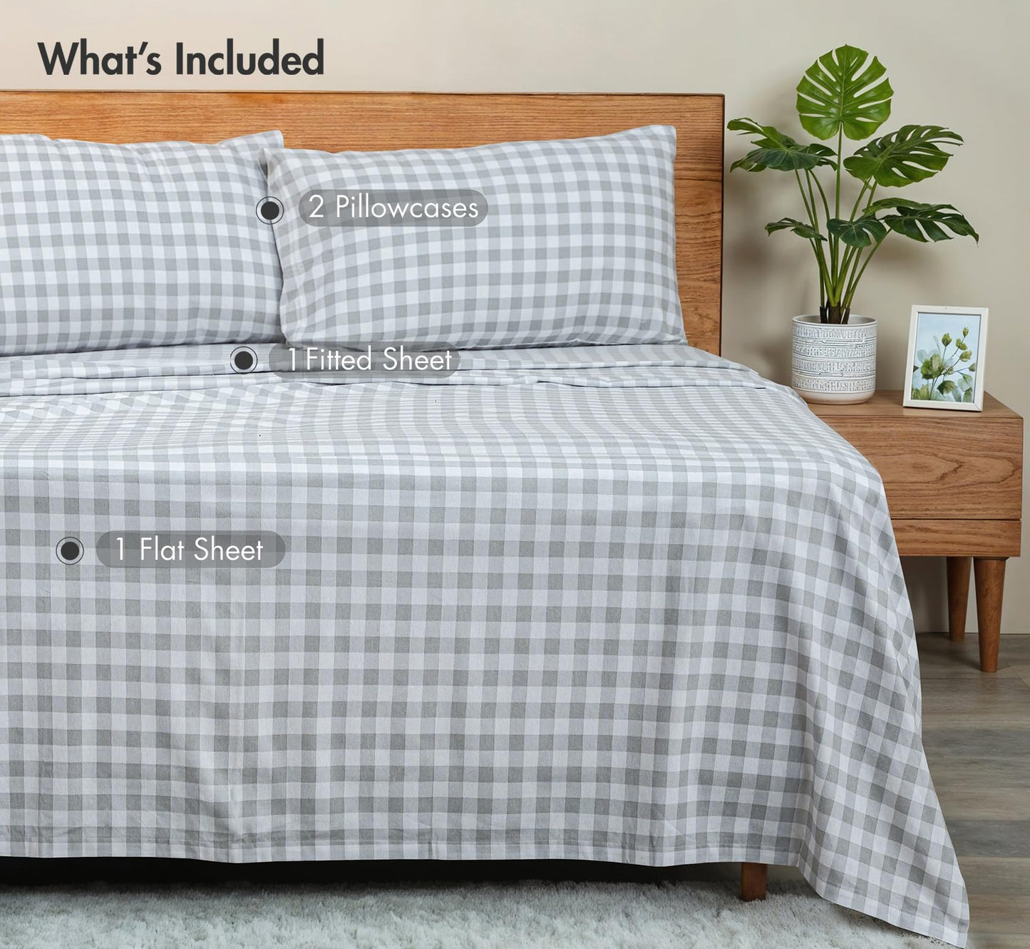 RUVANTI Flannel Sheets Queen Size - GOTS Certified 100% Organic Cotton, 4 Piece Warm, Soft & Breathable Set, Deep Pocket Snug Fit, Double Brushed Cozy All Season Bedding, Open Gingham