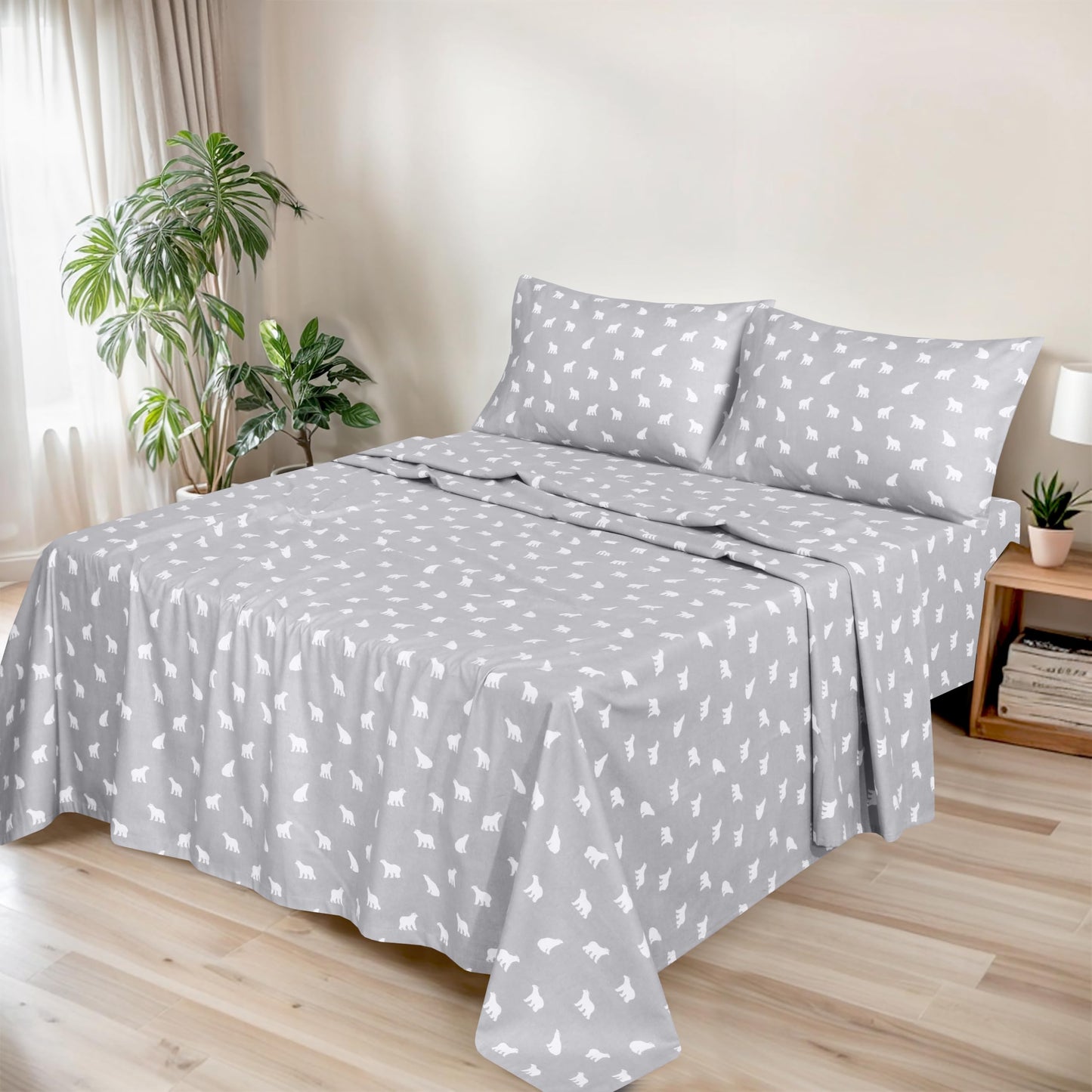 RUVANTI Flannel Sheets Queen Size - GOTS Certified 100% Organic Cotton, 4 Piece Warm, Soft & Breathable Set, Deep Pocket Snug Fit, Double Brushed Cozy All Season Bedding, Baby Bear