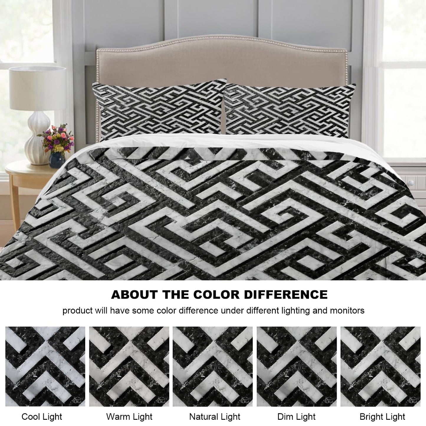 Batmerry Greek Key Geometric King Size 100% Cotton Duvet Cover Sets, Modern Texture Monochrome Swatch Bedding Set with Zipper Closure Corner Ties, 3 Pieces (1 Cover + 2 Pillowcases No Comforter)