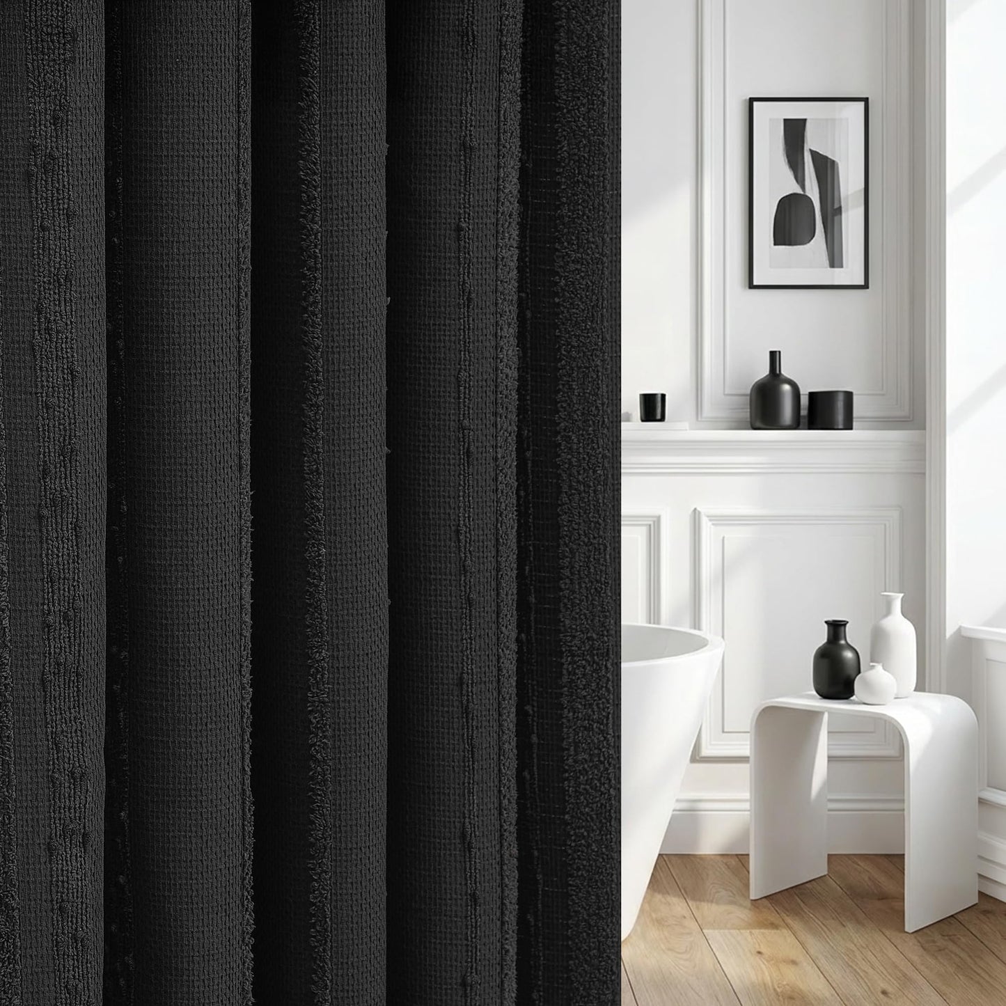 Lameirose Black Shower Curtain Boho, Cotton Blend Waffle Shower Curtains Textured, Fabric Shower Curtain for Bathroom, Hotel, Washable,72 x 72