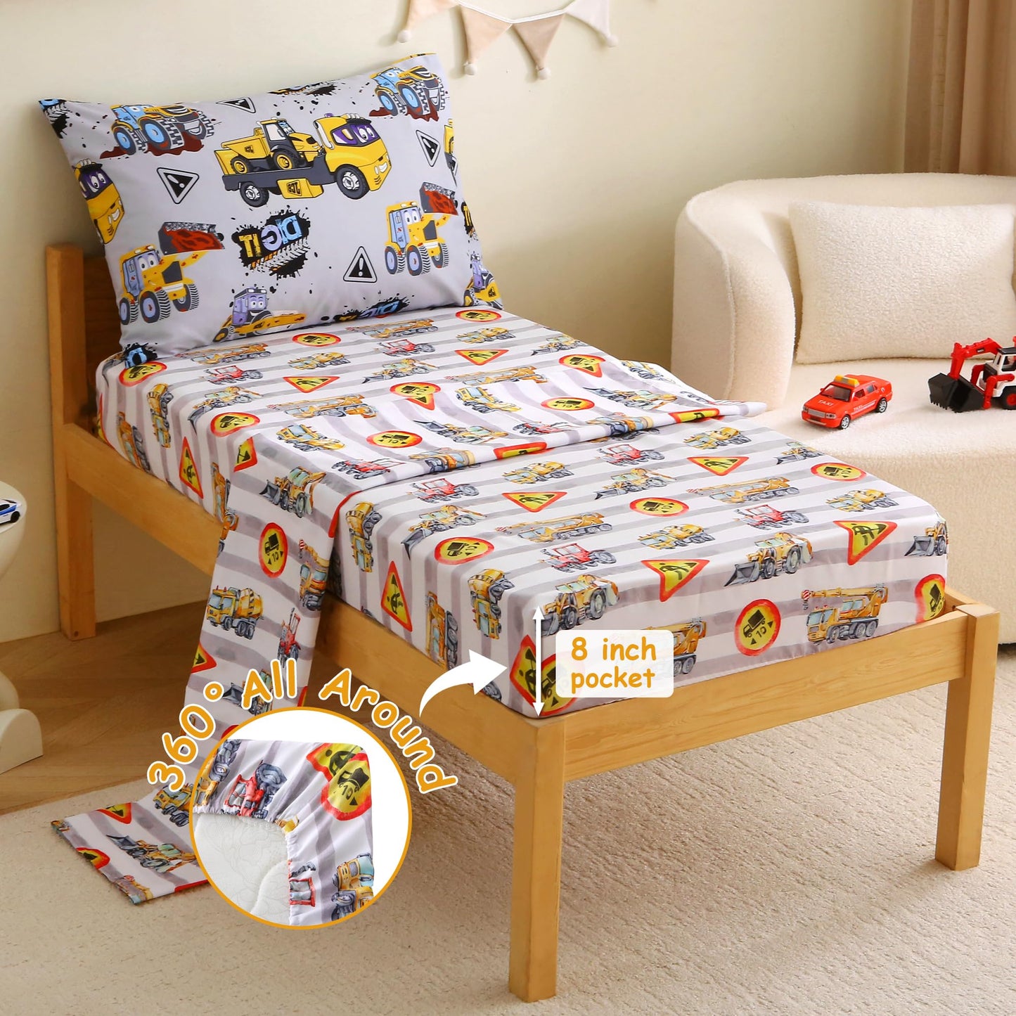 Mooreeke 4 Pieces Toddler Bedding Set - Grey Cool Heavy-Duty Vehicles Toddler Comforter Sets for Boys, Includes Comforter, Flat Sheet, Fitted Sheet and Pillowcase, Bed in A Bag for Baby Bedroom