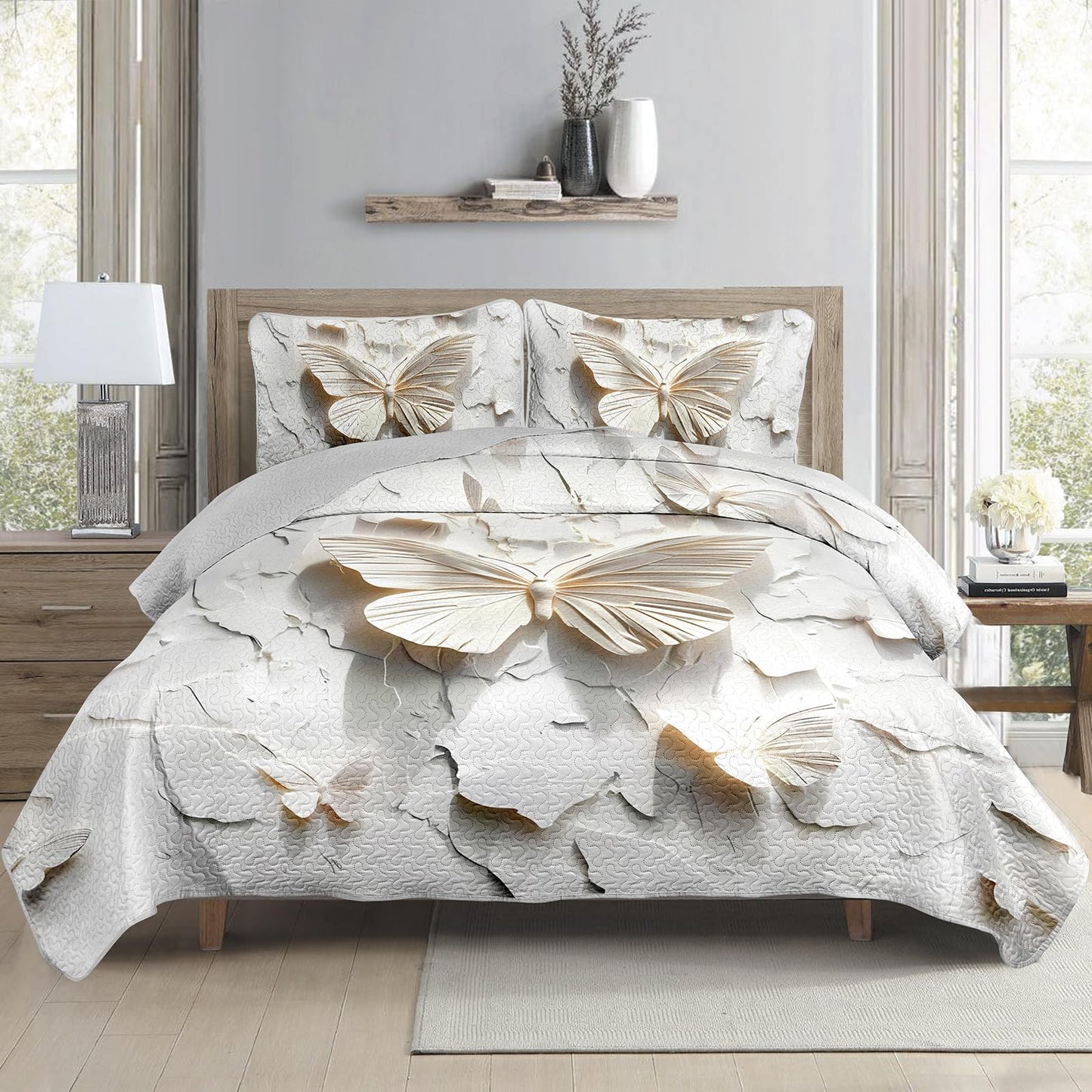 QOOMO Butterfly Print Kids Quilt Set,Cartoon Insects Bedding Set Twin Size,White Room Decoration Soft and Lightweight for All Seasons,1 Quilt Set 2 Pillowcases