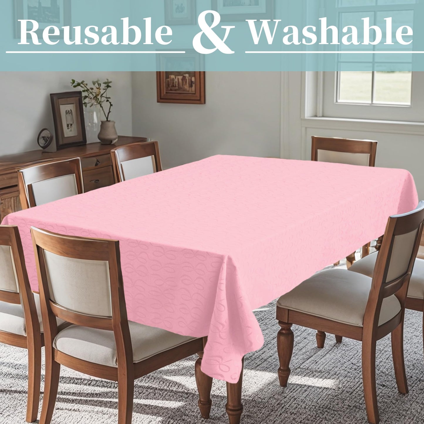 Elegant Tablecloth Rectangle, 60"x120", 1PC Washable Table Cloth for 9ft Table (10-12 Seat) - Cotton Polyester, Wrinkle Resistant, Pink Table Cloths for Valentine's Day & Celebration, Luxury Bows