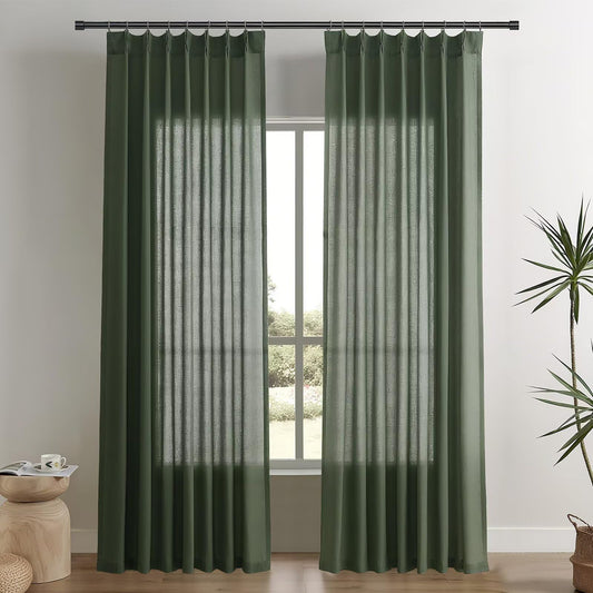 Joydeco Olive Green Pinch Pleated Linen Curtains 84 Inch Long 2 Panel Set for Living Room, Semi Sheer Curtain for Bedroom, Back Tab Light Filtering Drapes with Adjustable Hooks (40”W x84”L)