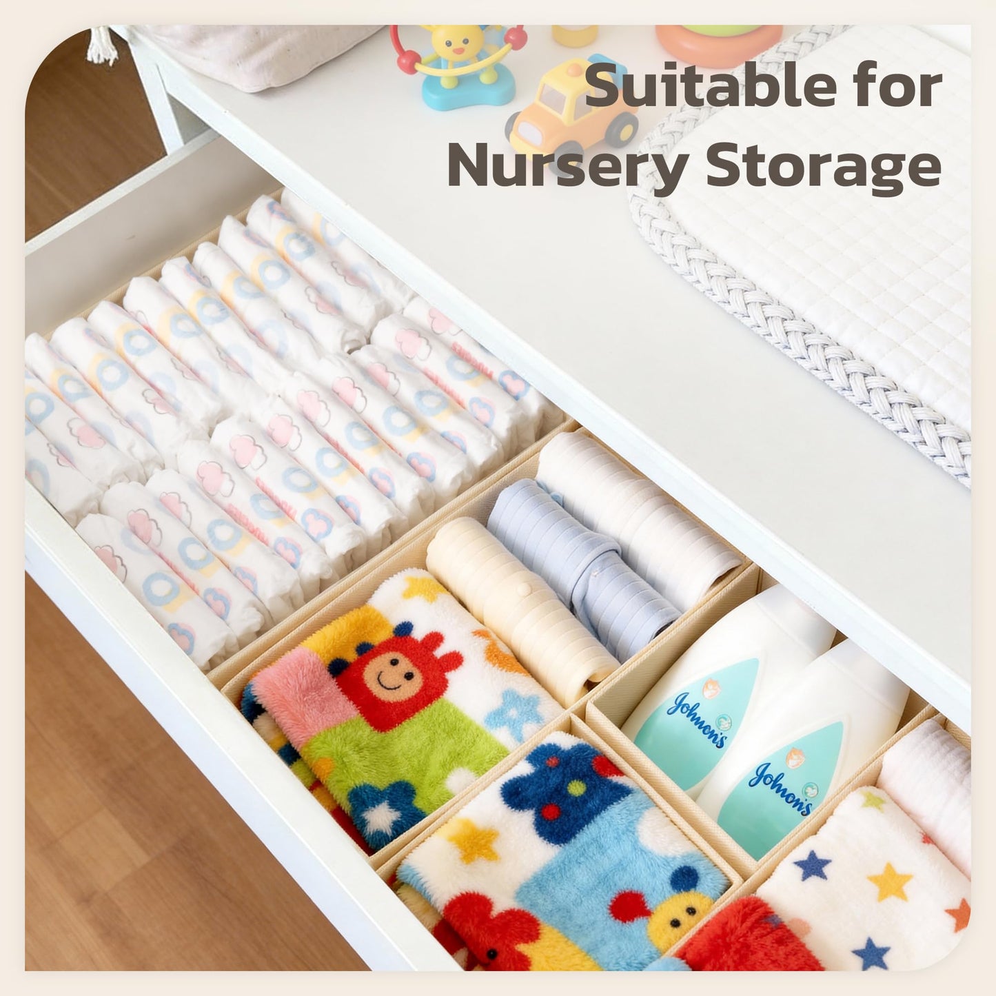 Stowsia Drawer Organizer, 16 Pack Baby Dresser Organizer for Nursery, Foldable Closet Organizers and Storage Dresser Dividers for Clothes, Socks, Scarves, Ties (Beige)