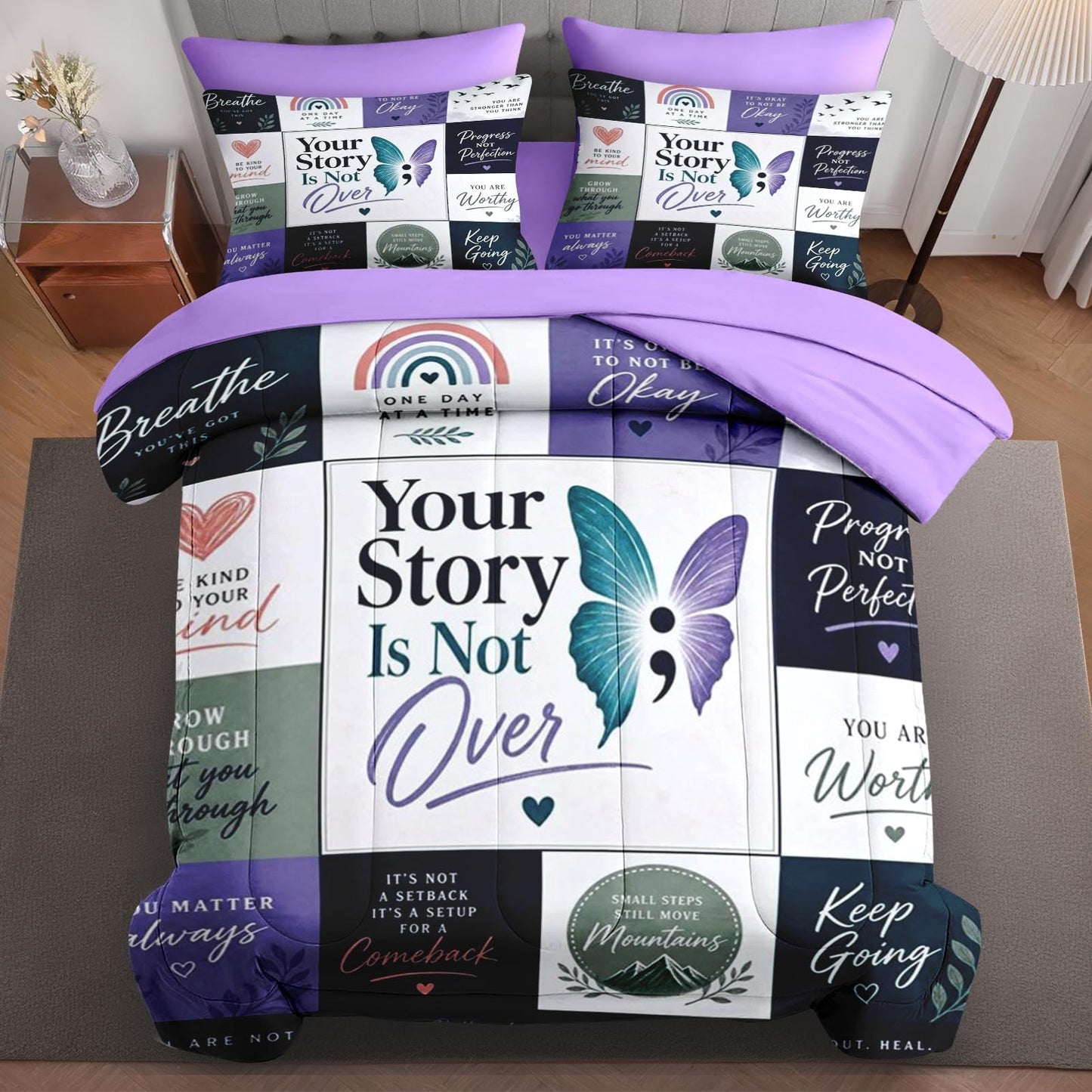 Boewywh Comforter Set Twin Size Inspirational Motivational Butterfly 7 Pcs, Bedding for Kids and Adults, Bed Sheet Sets with Fitted Sheet 2 Pillowcases & 2 Shams for Bedroom Bed Decor