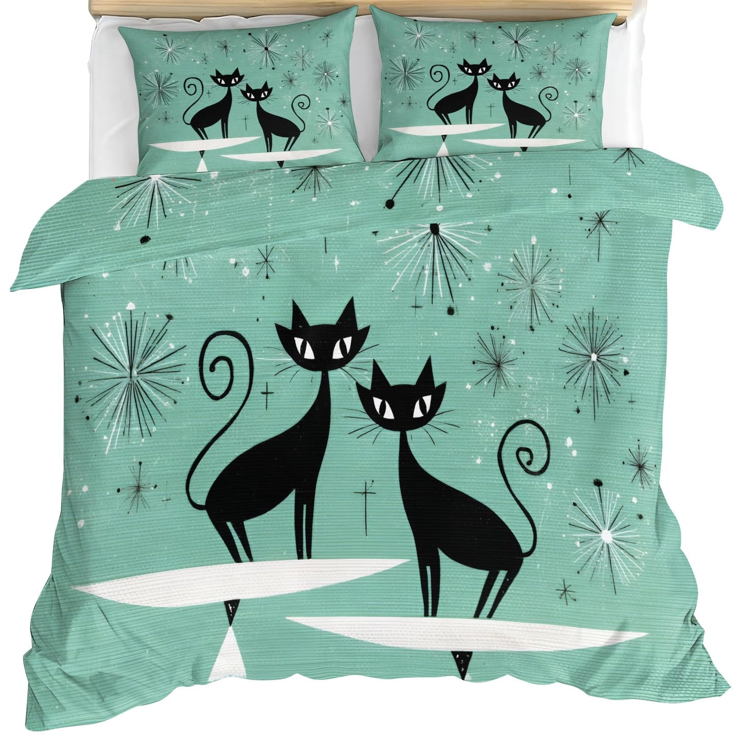 ZAMODE Cat Comforter Cover 90" x 90", Mid Century Black Cat Bedding Queen Size, Retro Atomic Duvet Cover with 2 Pillowcases