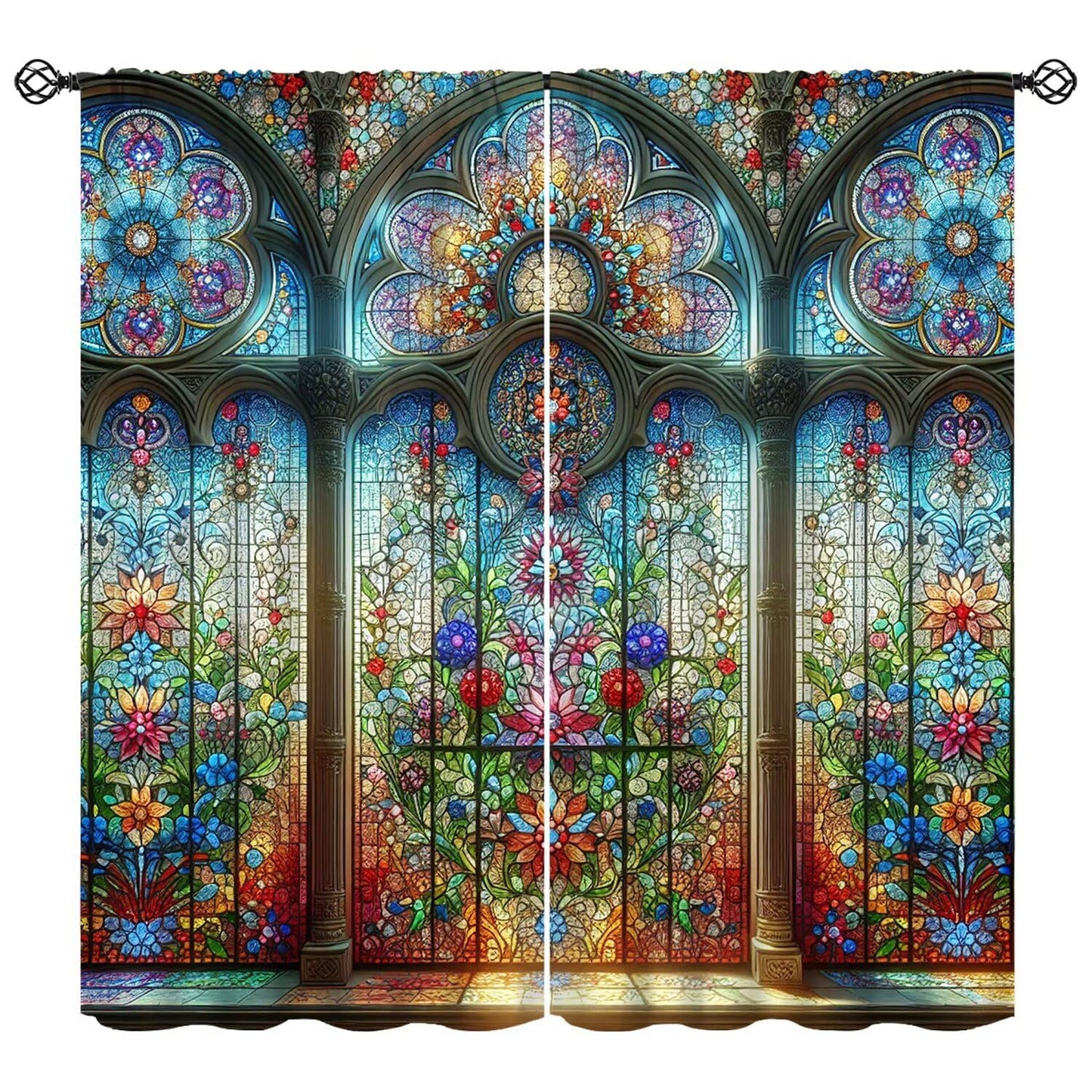 FengMingRui Stained Glass Curtains Vintage Abstract Geometry Floral Window Treatments for Boys Girls Bedroom Living Room Window Drapes 42" W X 45" L