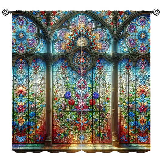 FengMingRui Stained Glass Curtains Vintage Abstract Geometry Floral Window Treatments for Boys Girls Bedroom Living Room Window Drapes 42" W X 45" L