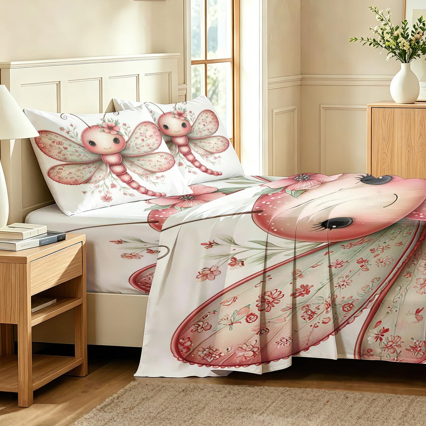 Cute Dragonfly Queen Bedding Set Girls Kawaii Sheet Sets