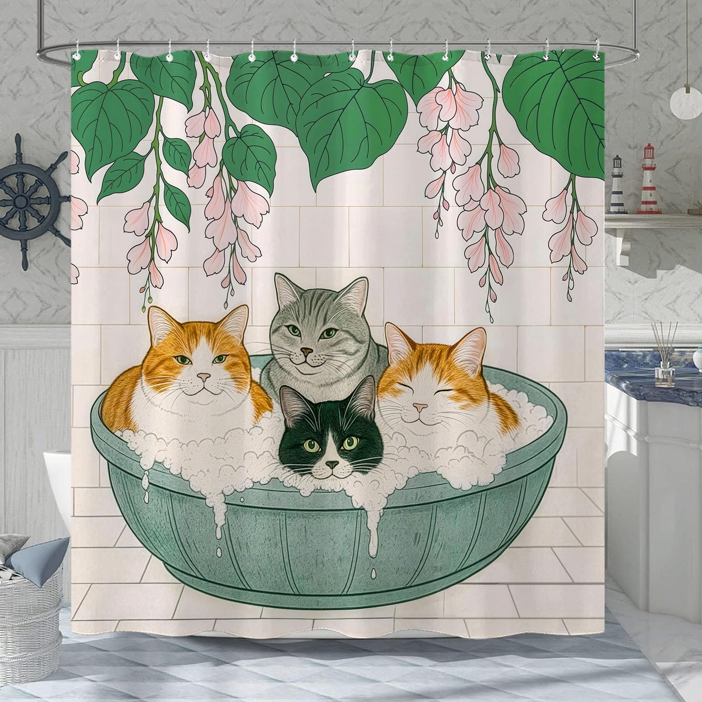 Kanuyee Adorable Cats Shower Curtain Set Cozy Plant Pot Design Waterproof Bathroom Shower Curtain Cute Feline Group Print Charming Home Decor 72x72 Inch