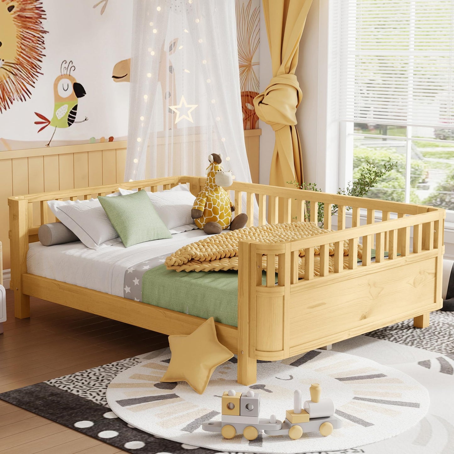 OYUMOENTS Full Size Kids Bed Frame, Low Profile Montessori Bed Full with Rails, Wood Daybed for Girls & Boys, No Spring Box Required, No Squeaks, Natural