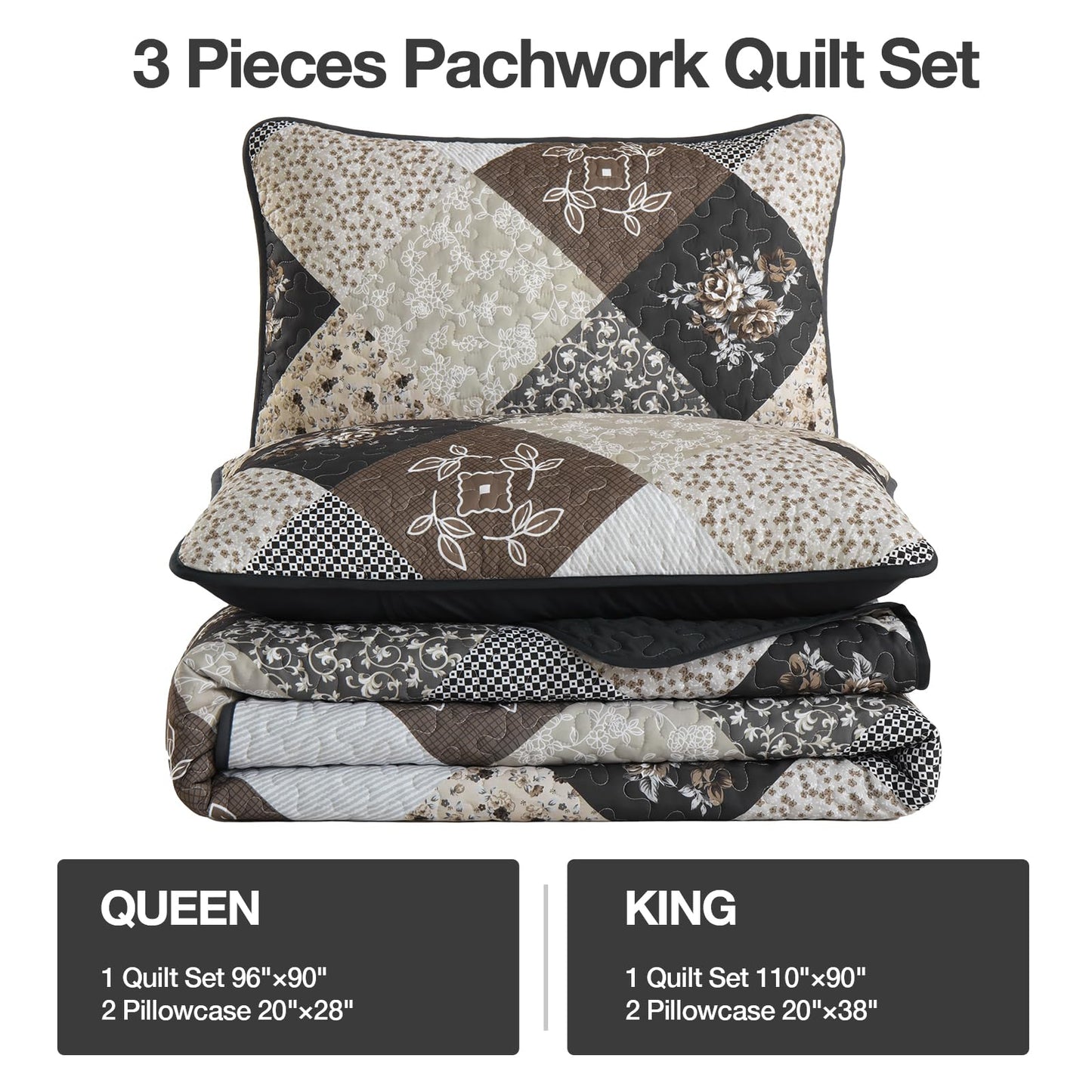 Dinjoy Black Brown Quilt Set King Size,Reversible Floral Plaid Patchwork Pattern Bedding Set Soft Microfiber Lightweight Bedspread Coverlet 3 Piece Spring Summer Use (110"×90")