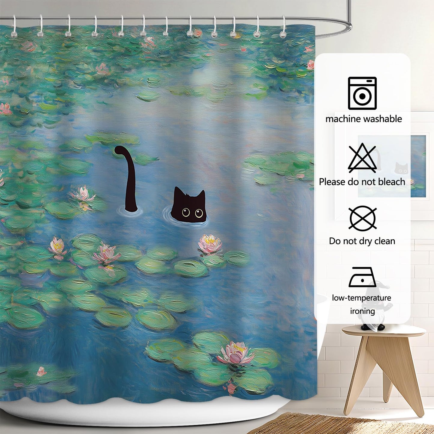APROPHIC Cat Shower Curtain, Boho Modern Cute Girly Bathroom Curtain, Black Cartoon Cat Lotus Leaves and Flowers Pond Curtain Set, Waterproof Bathroom Home Decor Set with Hooks, 72X72 Inches
