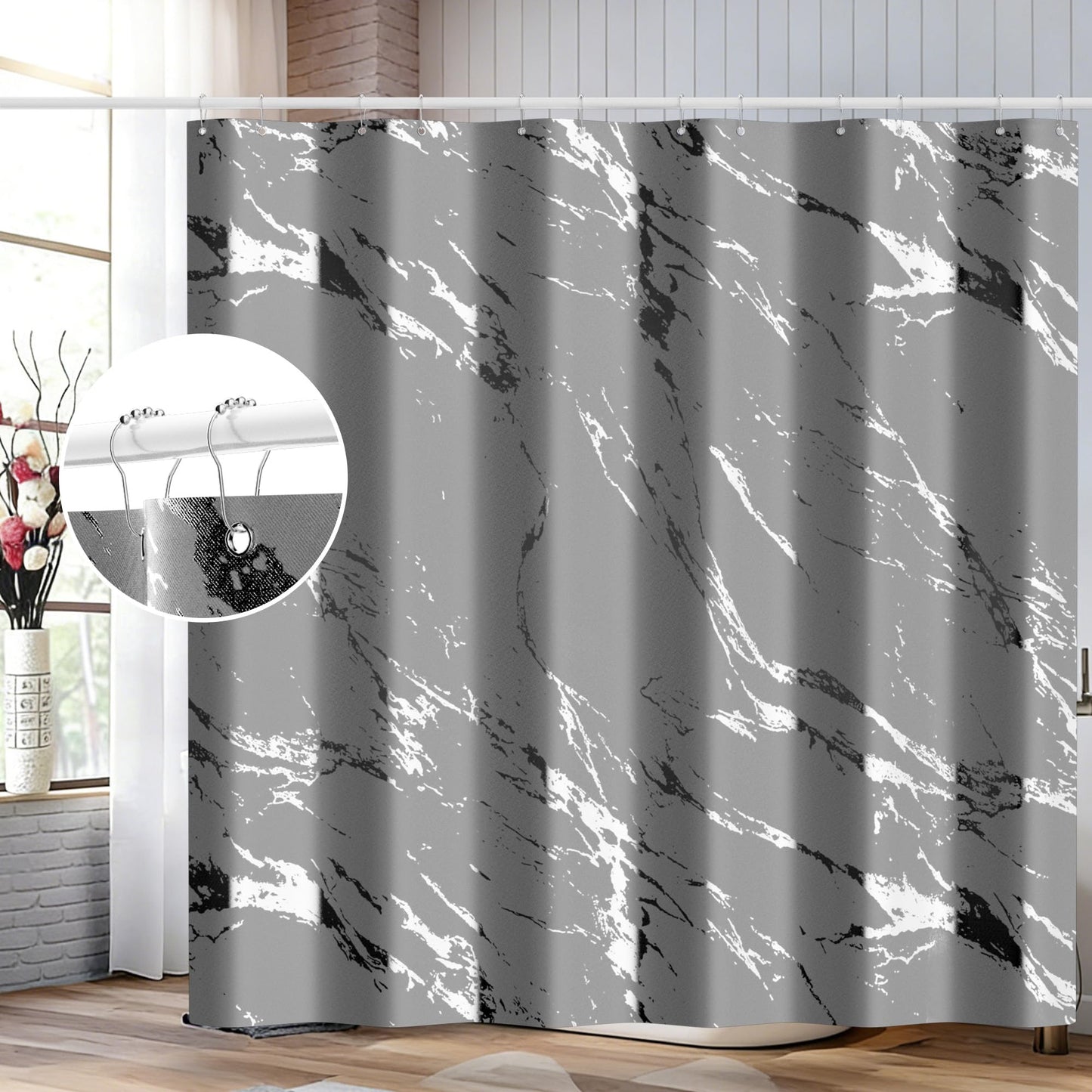 Yiwshcut Gray Marble Shower Curtain Set with Silver Metal Hooks, Fabric Shower Curtain for Bathroom, Modern Luxury Bathroom Curtain, Water-Resistant Polyester Bath Curtain, 72 x 72 Inches