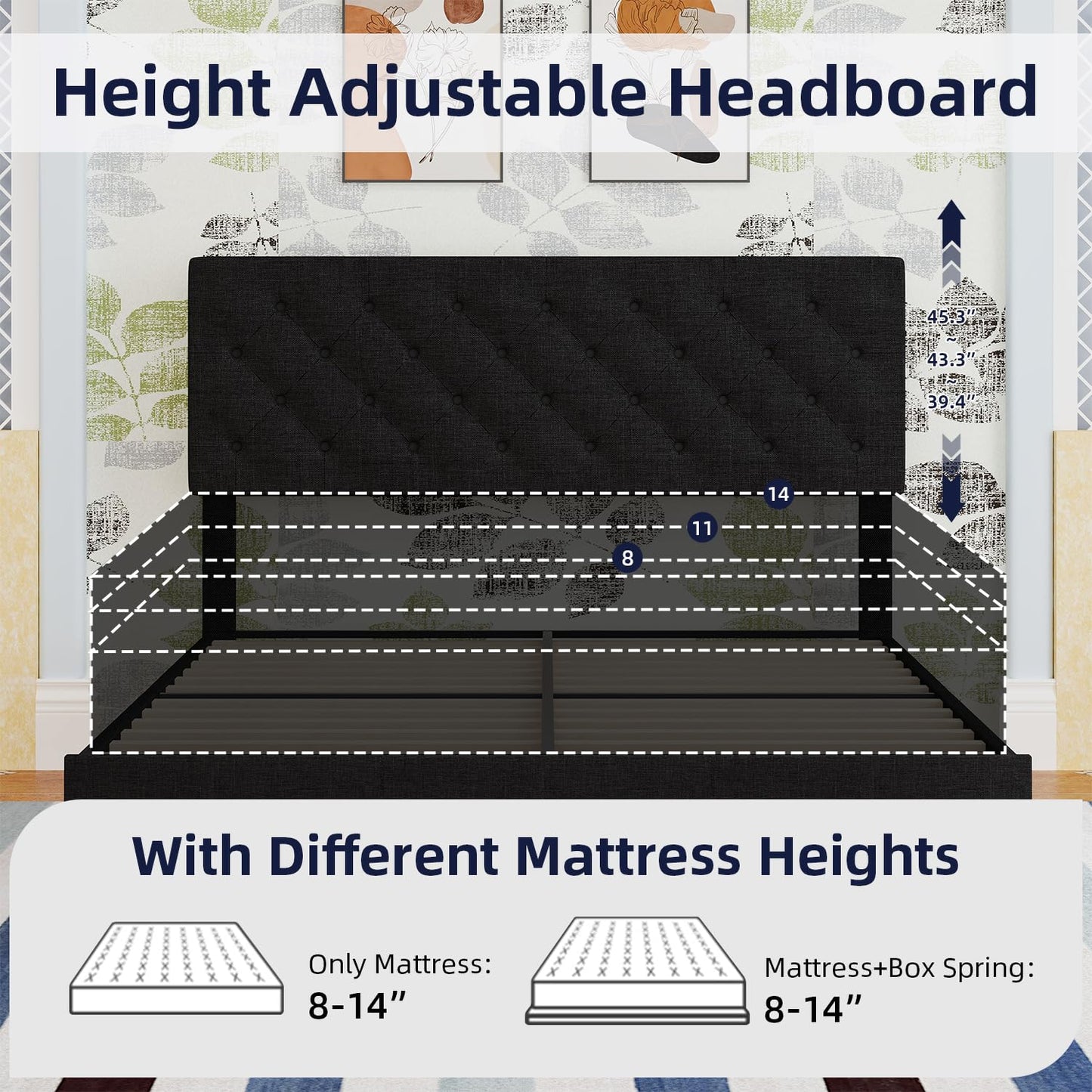 BarnFurin Queen Bed Frame, Upholstered Platform Bed with Button Tufted Headboard, Fabric Bed Frame with Wooden Slats Support, No Box Spring Required, Easy Assembly, Black