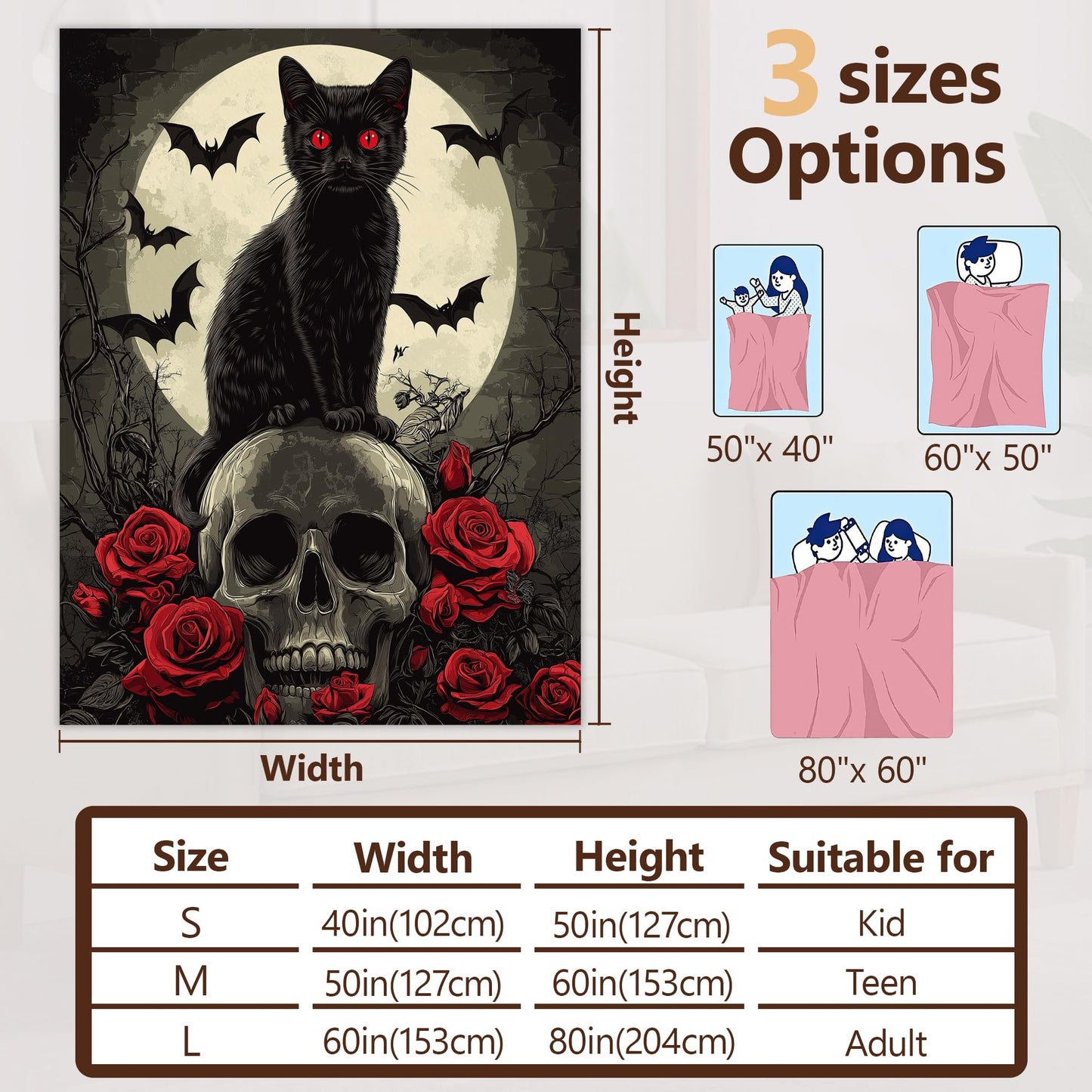 Black Cat Sofa Throw Blankets,Gothic Skull Bats Flower Soft Cozy Fuzzy Lightweight Travel Blanket,Flannel Fleece Fall Throw Blanket for Couch,Bed,Camping,Movie Nights,Watching TV 50 X 60 Inch