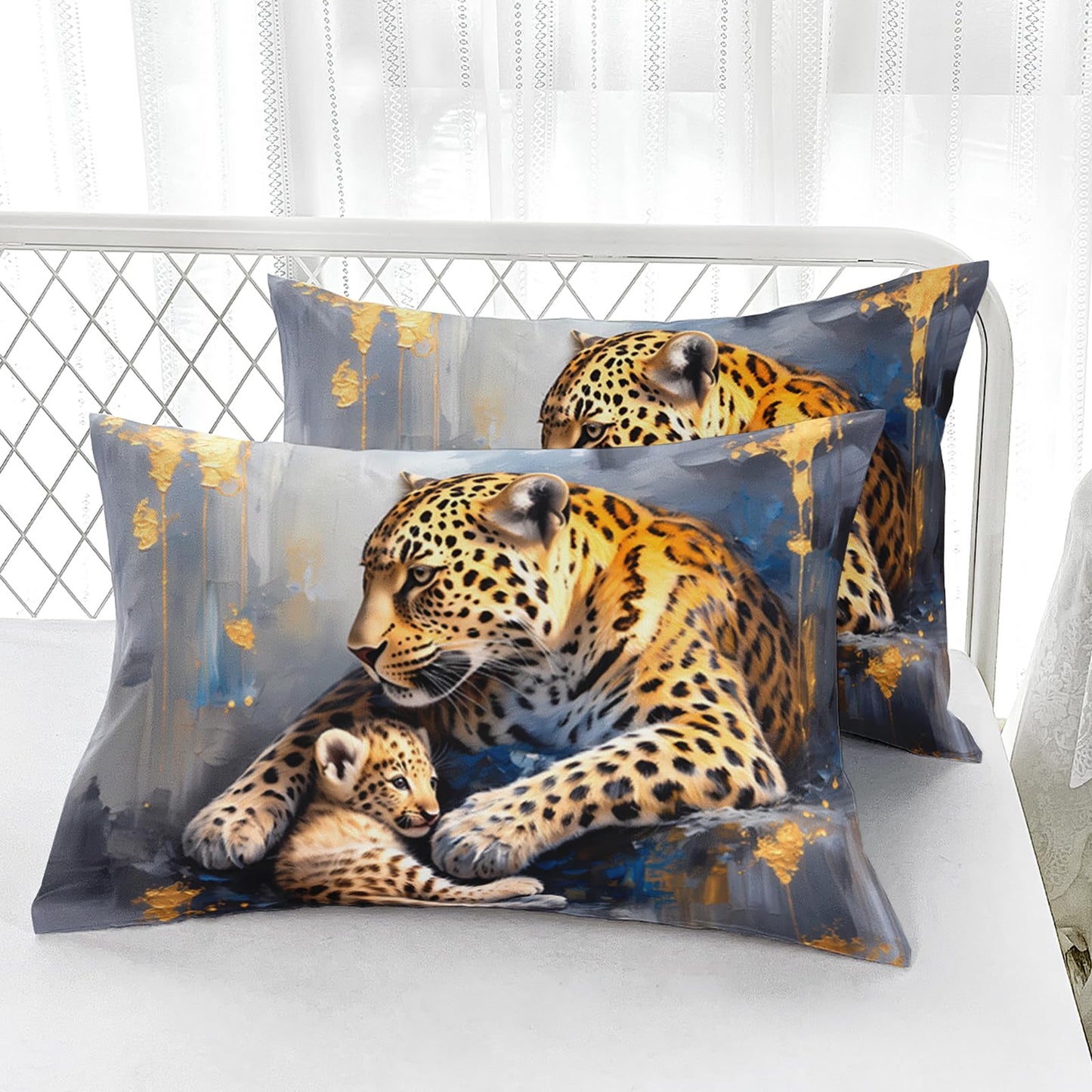 AILONEN Cheetah Family Fitted Sheet Set Queen Size,Wild Animal Themed Leopard Print Bedding Set for Boys Girls,3D Cheetahs Deep Pocket Sheets with 2 Pillowcases,3-Piece