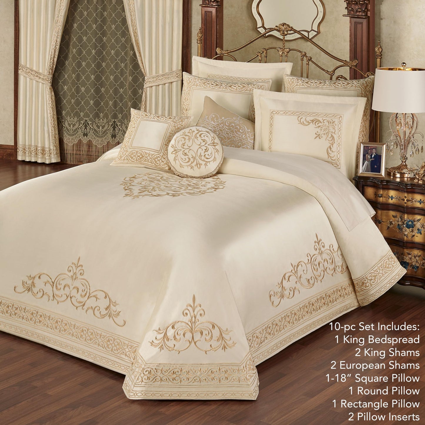 Versailles Luxury Bedding | Classic Pearl | Palace-Inspired French Style Golden Scrollwork Embroidery | 10 Pc Set: King Bedspread, 2 King Shams, 2 Euro Shams, 2 Euro Pillow Inserts & 3 Pillows