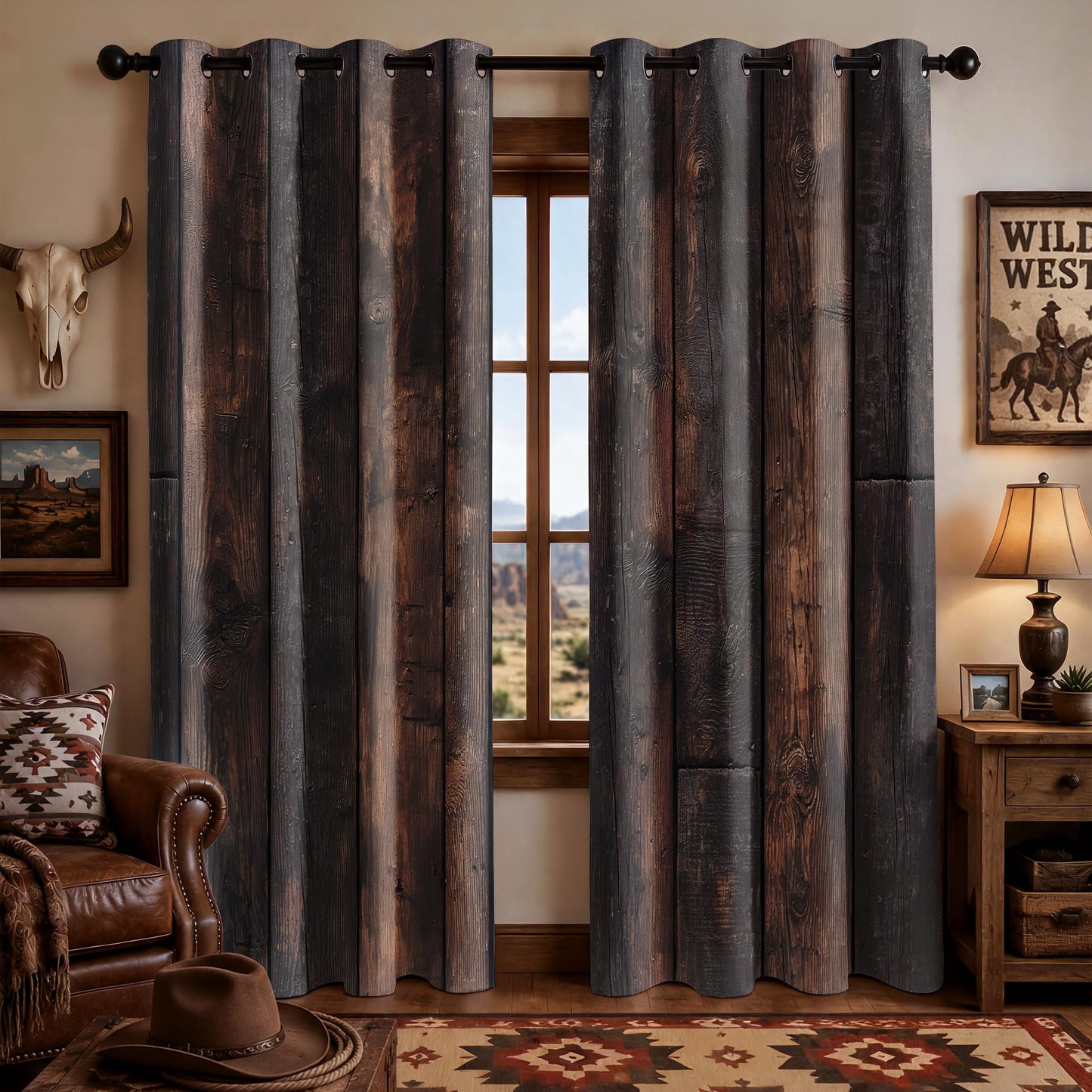 Wood Plank Patterned Blackout Curtains for Kitchen, 54 Inch Curtains 2 Panel Set, Thermal Insulated Room Darkening Grommet Drapes, Western Rustic Farmhouse Wooden Grain Window Treatments