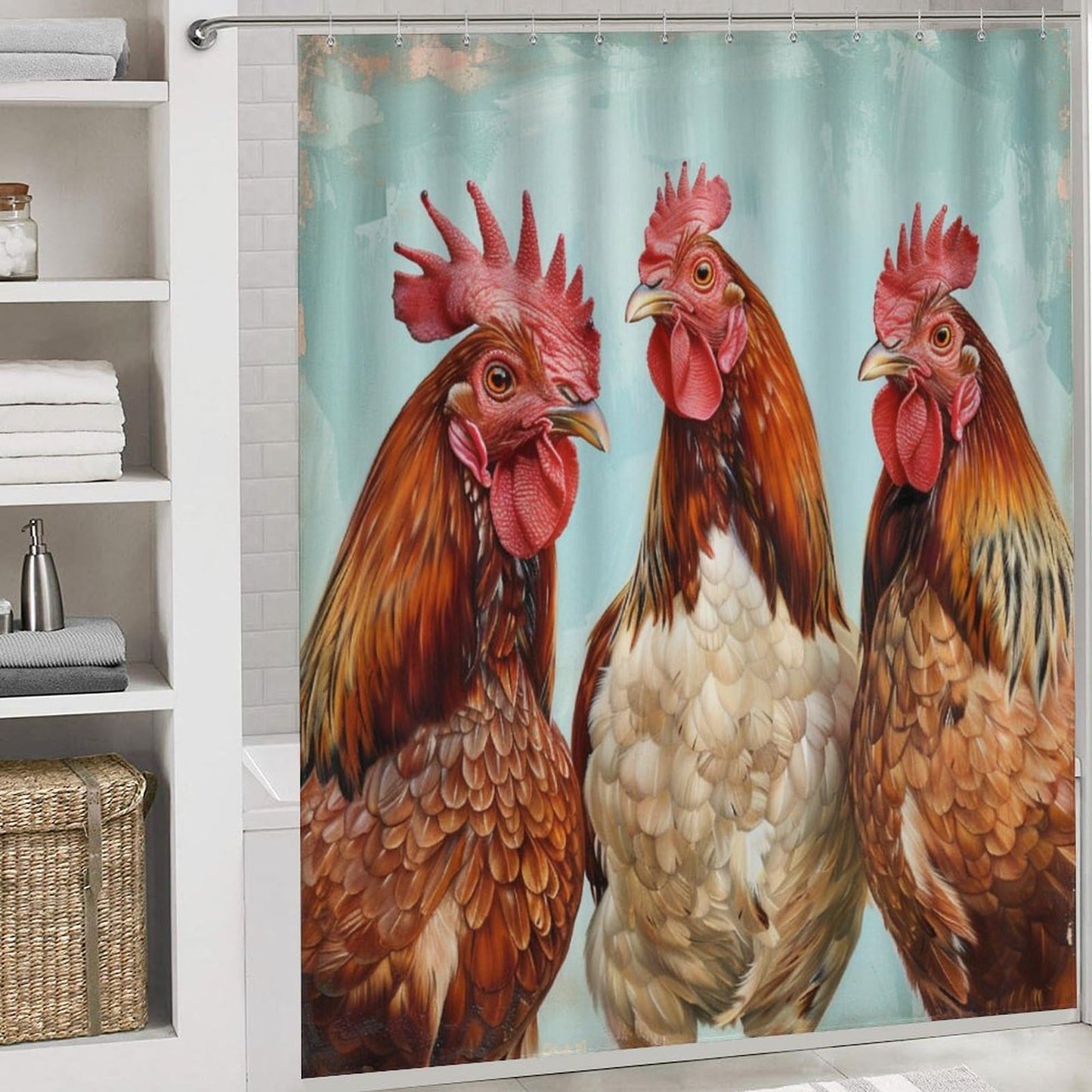 FOCCAFB 4PCS Modern Animals Bathroom Set with Rugs and Toilet Lid Cover Rustic Farmhouse Chicken Waterproof Shower Curtain Set for Bathroom Decor