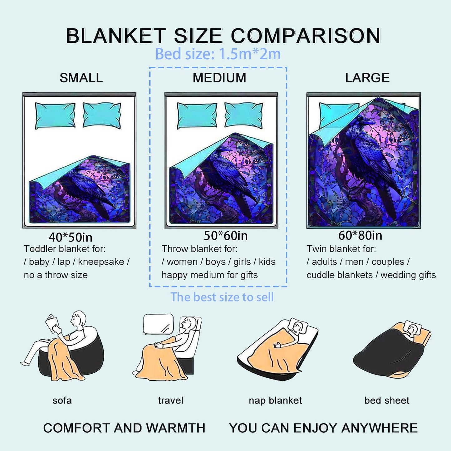 zbezbe Gothic Blue Raven Flannel Blanket Stained Glass Mysterious Purple Floral Throw Blankets Lightweight Soft for Party Chair Bed Sofa Camping Travel,Home Goth Decor,Gifts Women,50x60in