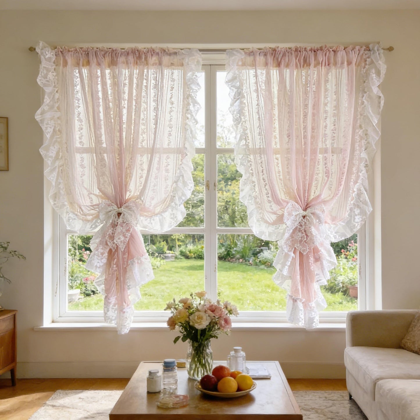 NewWPKIRA Floral Embroidery Sheer Lace Curtain with Ruffle Trim Romantic Gauze Curtains for Girl's Bedroom Living Room Rod Pocket Top 2 Panels (Pink,W59 x L47 inches)