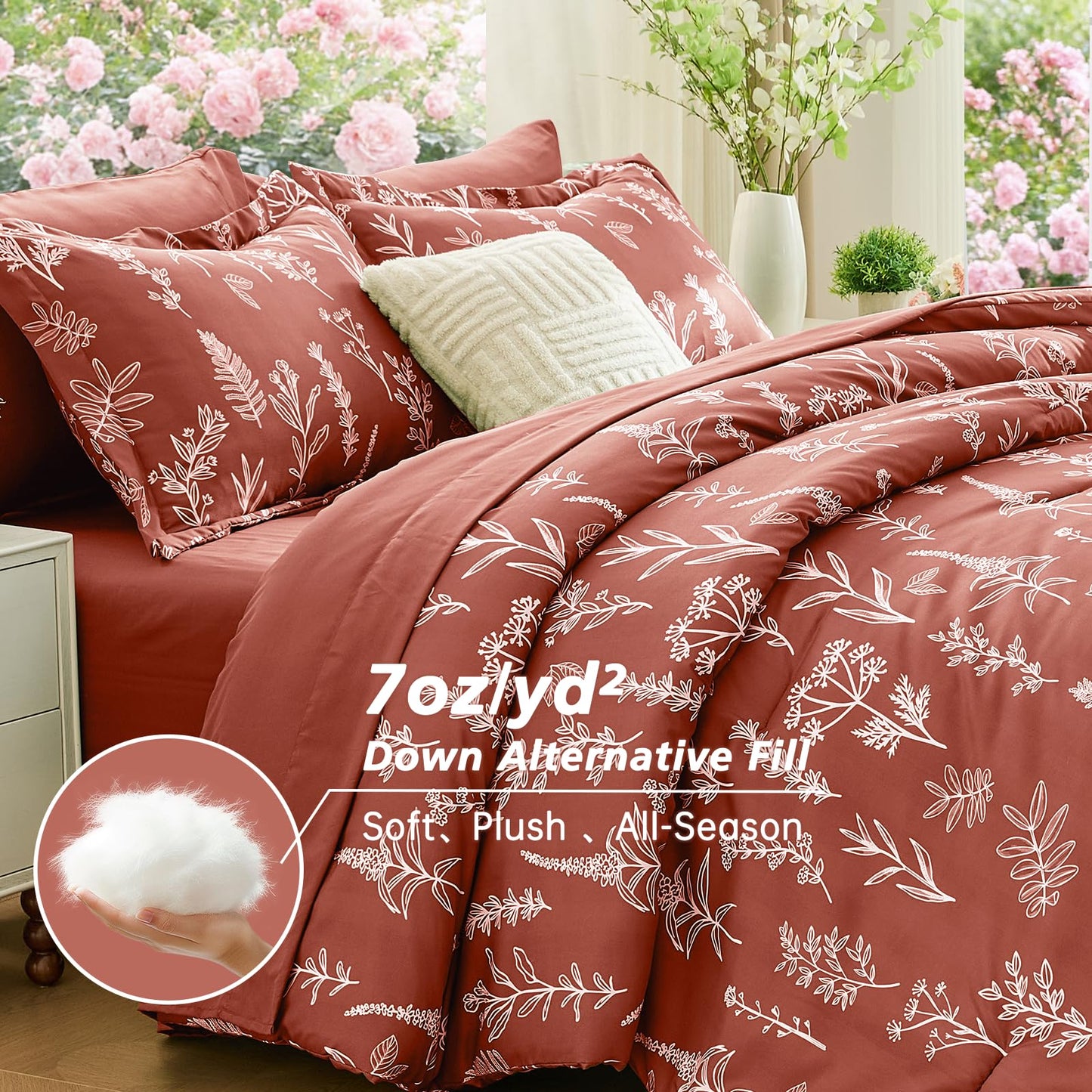 MUXHOMO Terracotta Bed in a Bag Queen 7 Pieces, Queen Comforter Set Reversible Botanical Flowers Design, Ultra Soft & Breathable Bedding Sets with Comforter, Sheets, Pillowcases & Shams