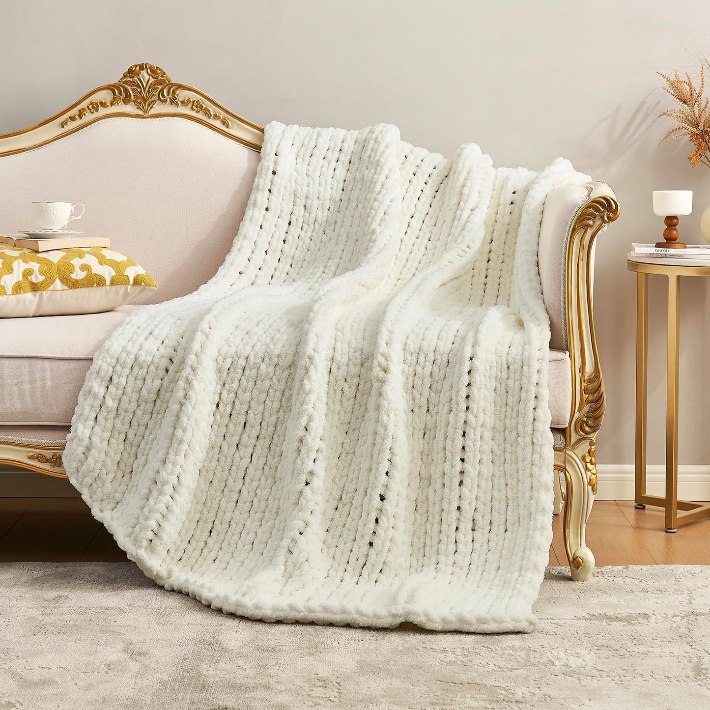 Amélie Home Chunky Knit Throw Blanket for Couch, Soft Chenille Handmade Crochet Throw Rope Knit Blanket for Bed, 40"x50", Ivory