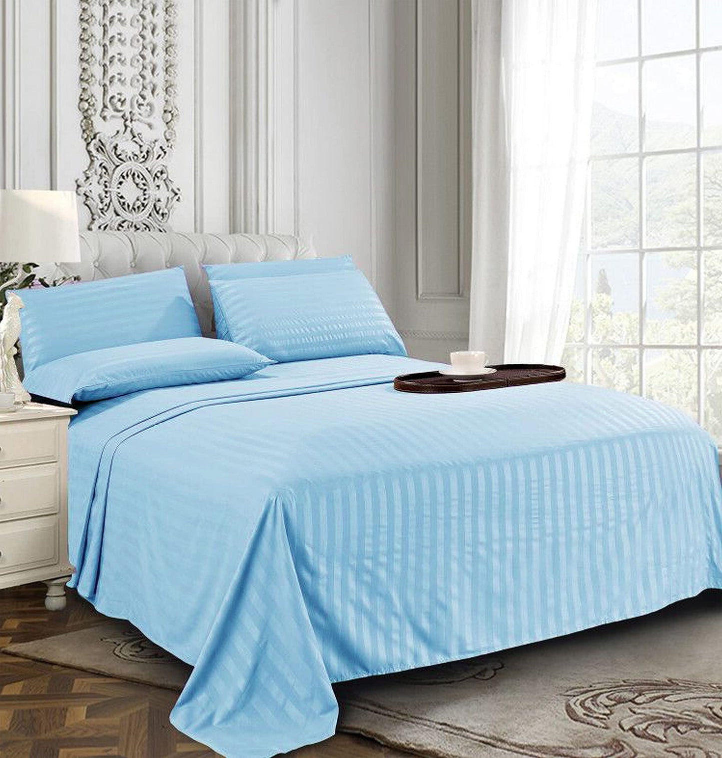 Elegant Comfort Best, Softest, Coziest 6-Piece Sheet Sets! - 1500 Premier Hotel Quality Luxurious Wrinkle Resistant 6-Piece Damask Stripe Bed Sheet Set, King Aqua Blue