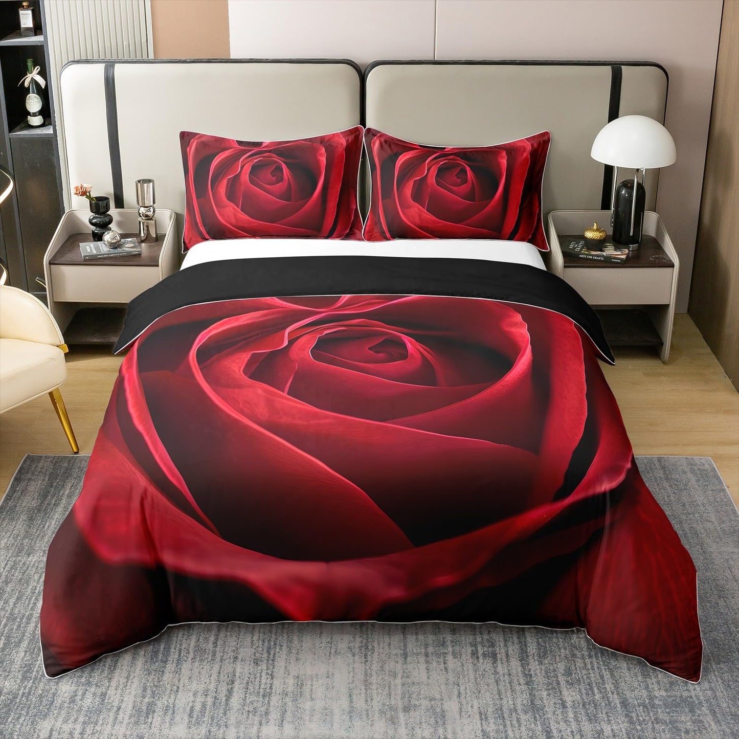 Erosebridal 100% Natural Cotton Rose Bedding Set Red Rose Comforter Cover Romantic Theme Duvet Cover Valentine's Day Print Bedspread Cover 1 Duvet Cover with 2 Pillow Cases Queen Size Red
