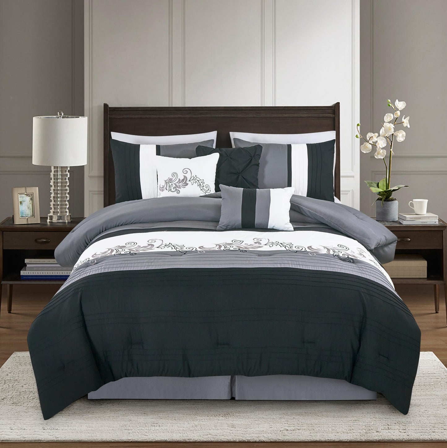 Chezmoi Collection Napa 7-Piece Luxury Leaves Scroll Embroidery Bedding Comforter Set (King, Black/Gray/White)
