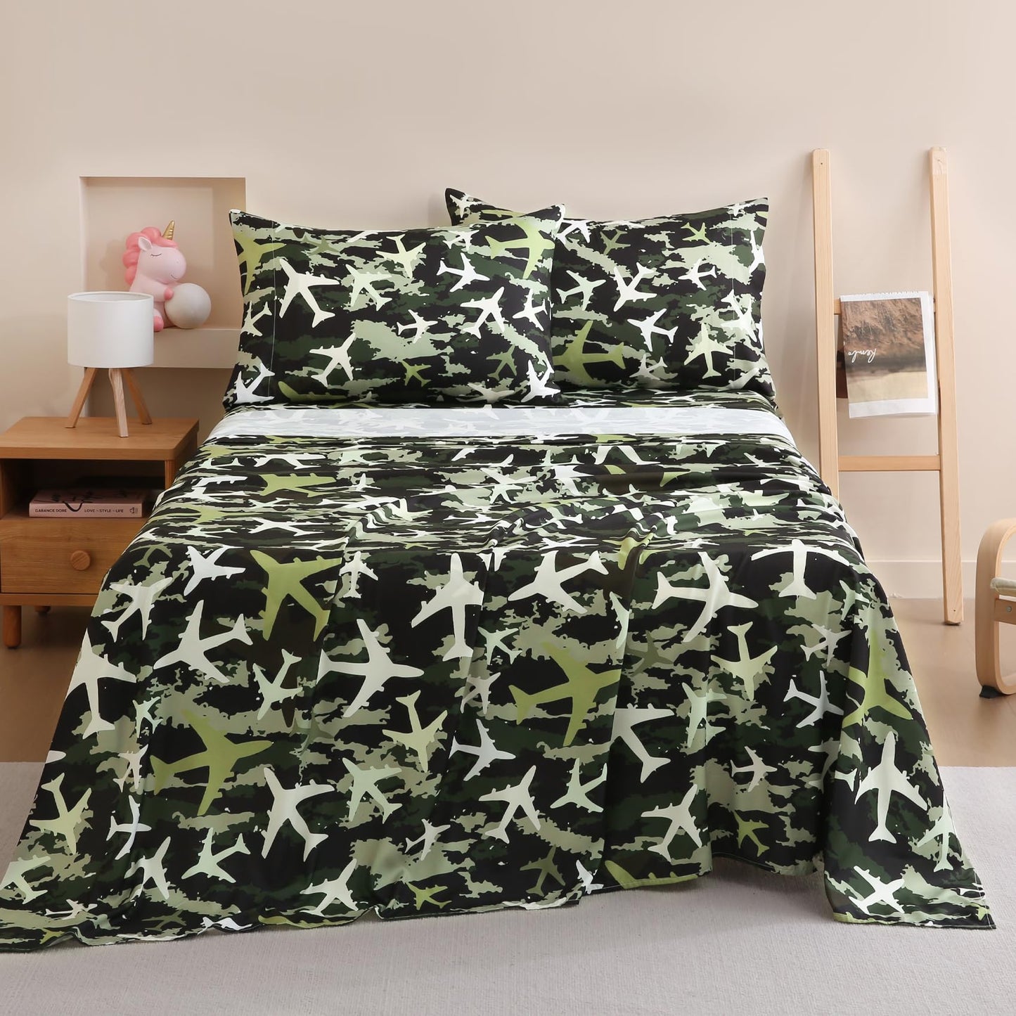 Yibeizi Airplane Sheet Set for Boys Twin, Kids Camouflage Green Print Bedsheets Microfiber Deep Pocket Cute Patterned Bed Sheet & Pillowcase Sets 3 Pieces