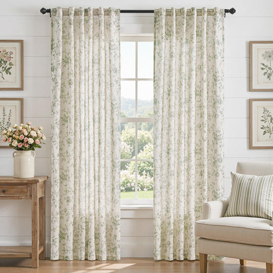 jinchan Amlie Linen Floral Curtains 84 inch Length Curtains for Living Room Bedroom Farmhouse Country Decor Drapes Light Filtering Window Treatment Back Tab Rod Pocket 2 Panels Green