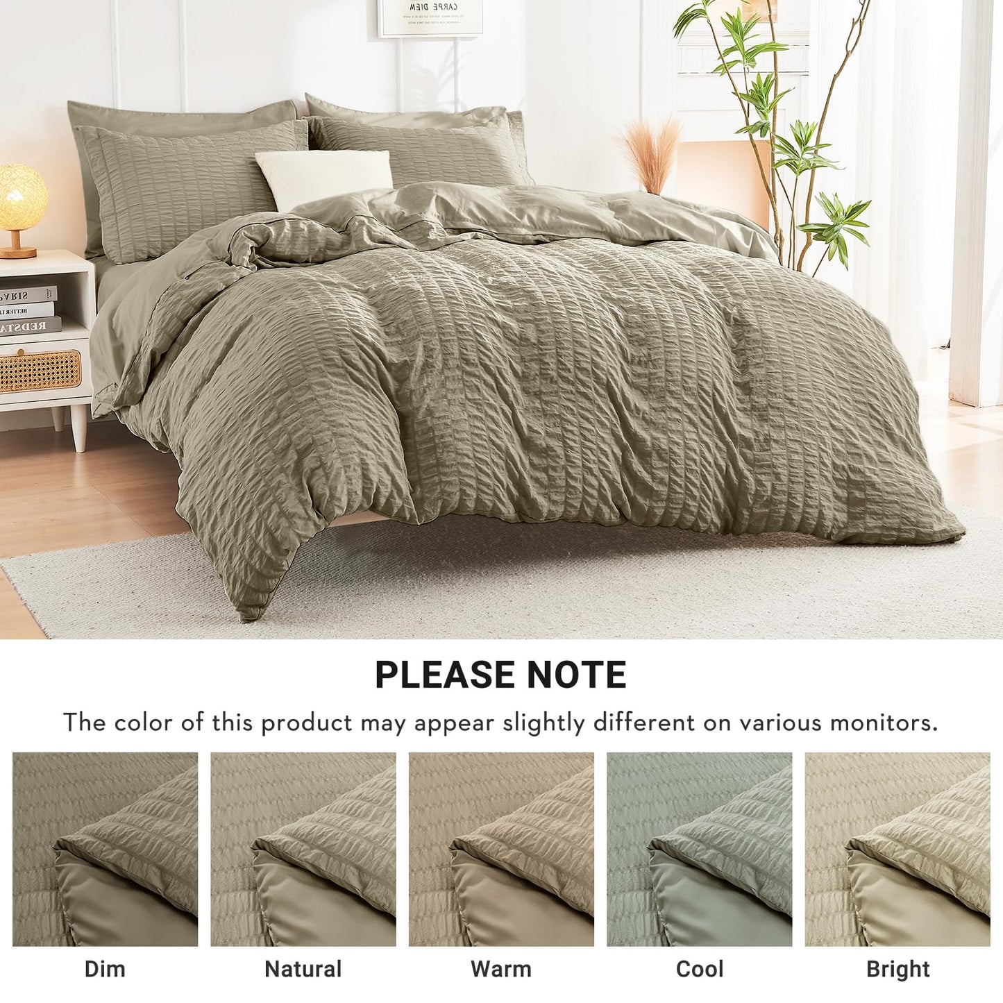 HYMOKEGE Linen Oversized Queen Comforter Set Seersucker 7 Pieces, All Season Luxury Bed in a Bag for Bedroom, Bedding Set with Comforter, Sheets, Pillowcases & Shams