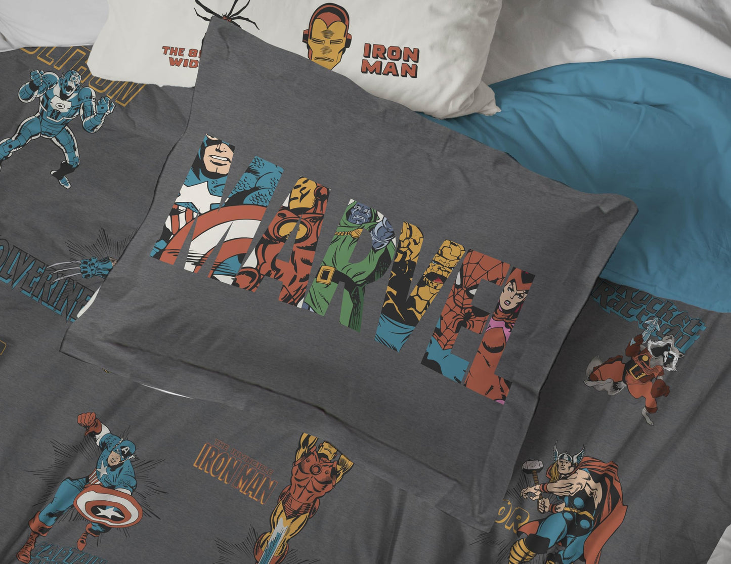 Jay Franco Kids Comforter Set Includes Sheets and Pillow Covers - Soft and Cozy Bed Set for Stylish Room Decor, Official Licensed Bedding, Gray - Marvel Comics, 5 Piece Twin
