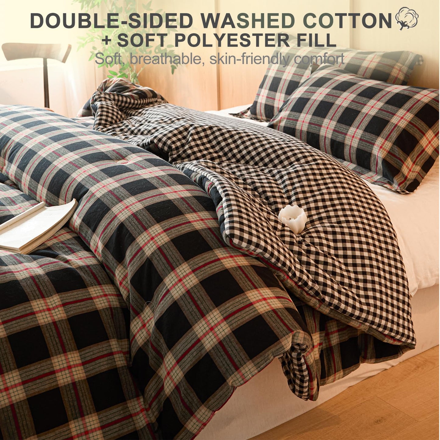 hadamick 100% Cotton Comforter Set Full Size – Reversible Yarn-Dyed Checkered Design, Soft Washed Cotton on Both Sides, Lightweight All-Season Bedding, Machine Washable(Black Red Plaid, 80”x90”)